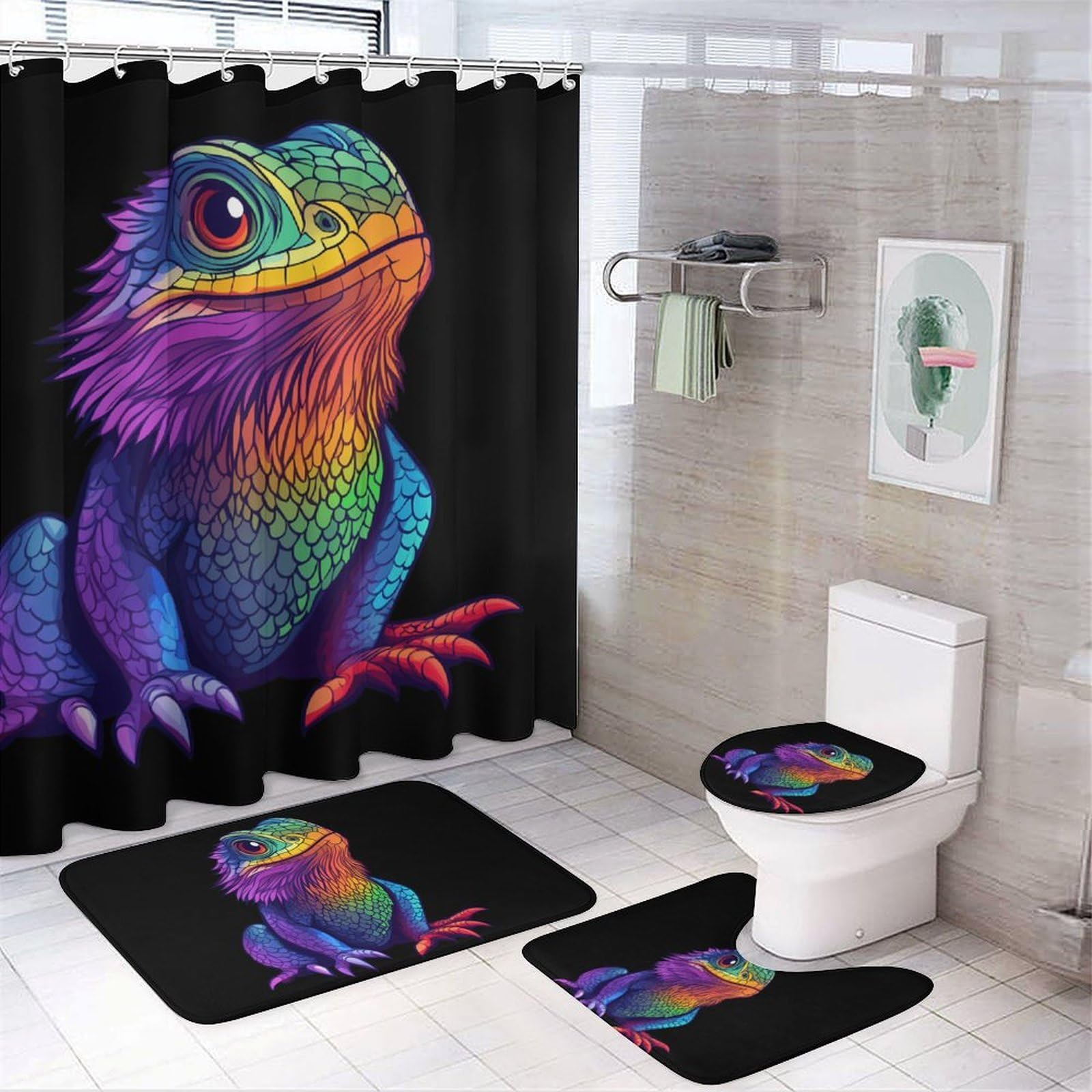 CGSBNGHA Bearded Dragon Colorful Shower Curtain Set 4 Piece Bathroom Sets with Rugs Toilet Lid Cover And U-Shaped Floor Mat