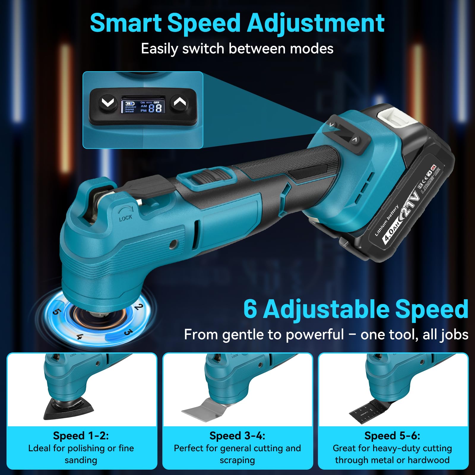 Outil Multifonction sans fil Compatible avec Batterie Makita 18V, Scie Oscillant Multitool 6 Vitesses +Mode Automatique 20000tr/min avec 2 * 4,0 Ah Batteries pour Couper, Poncer, Gratter