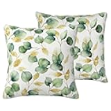 Kuderiy Green Gold Eucalyptus Leaves Throw Pillow Covers 18x18 Set of 2 Spring Summer Green Leaf Decorative Pillows Cases Natural Botanical Farmhouse Square Cushion Covers for Couch Bed Living Room