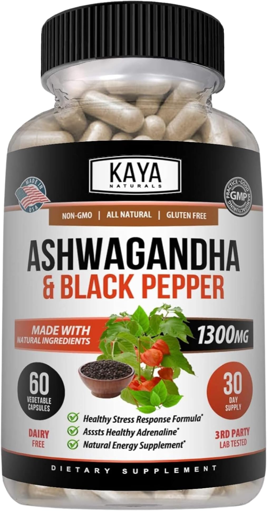 Kaya Naturals Ashwagandha Capsules Extra Strength - Stress Relief Formula, Natural Mood Support, Stress, Focus, and Energy Support Supplement, 60 Capsules