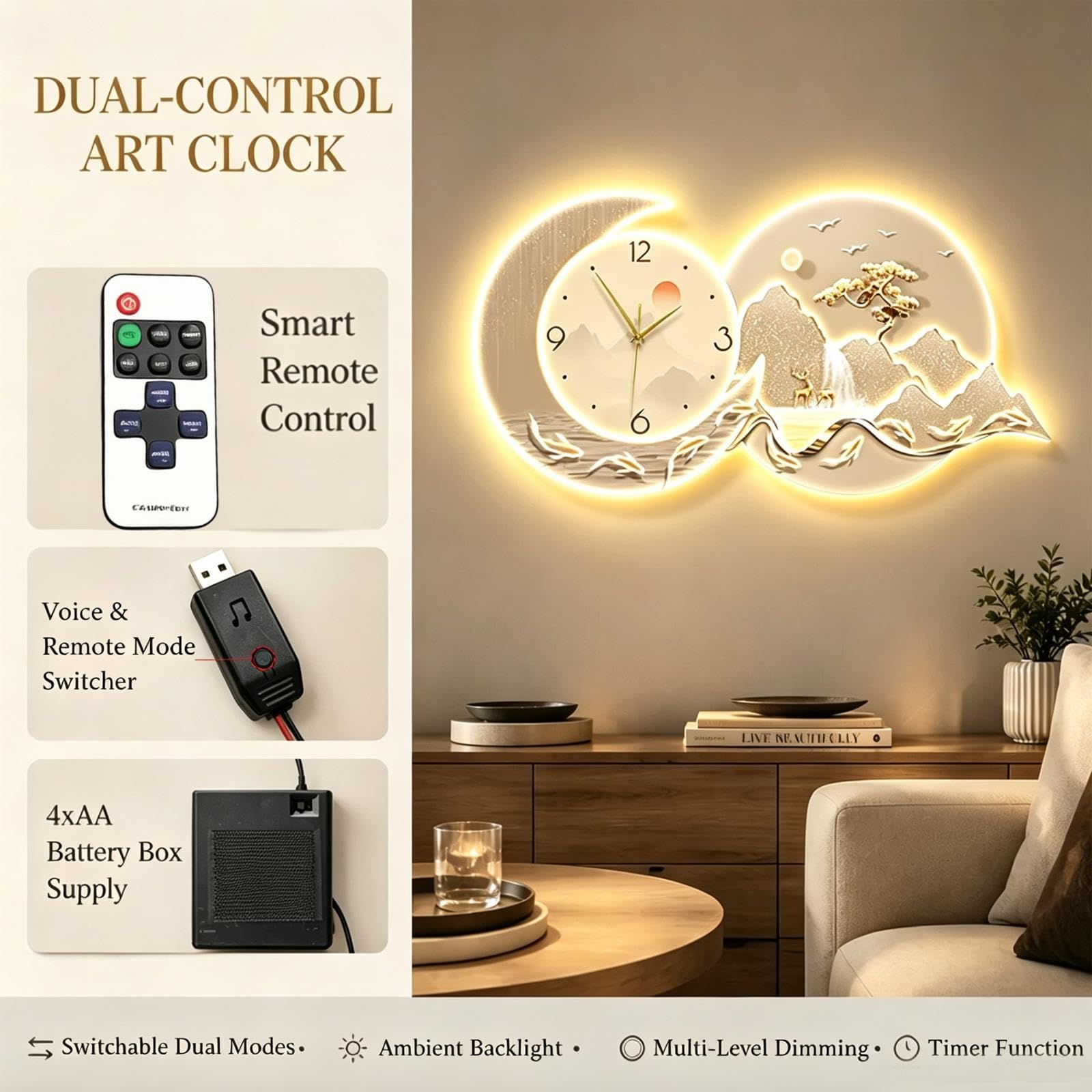 Orologio da Parete con Luce LED Silenzioso Telecomando e Attivato dal Suono
