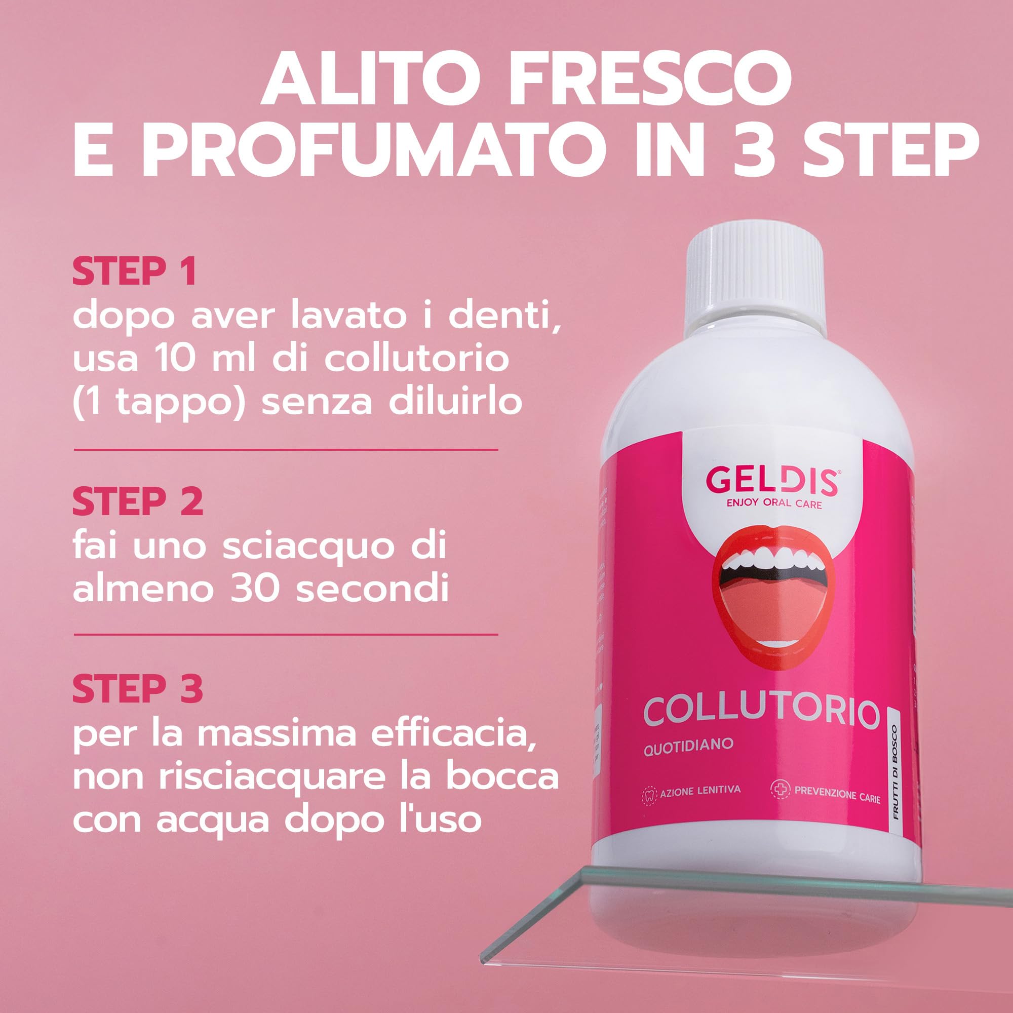 GELDIS Collutorio senza Alcool, Uso quotidiano con Fluoro, Aloe Vera ed Equiseto, Protezione contro Carie e Azione Lenitiva Senza Coloranti, 500 ml