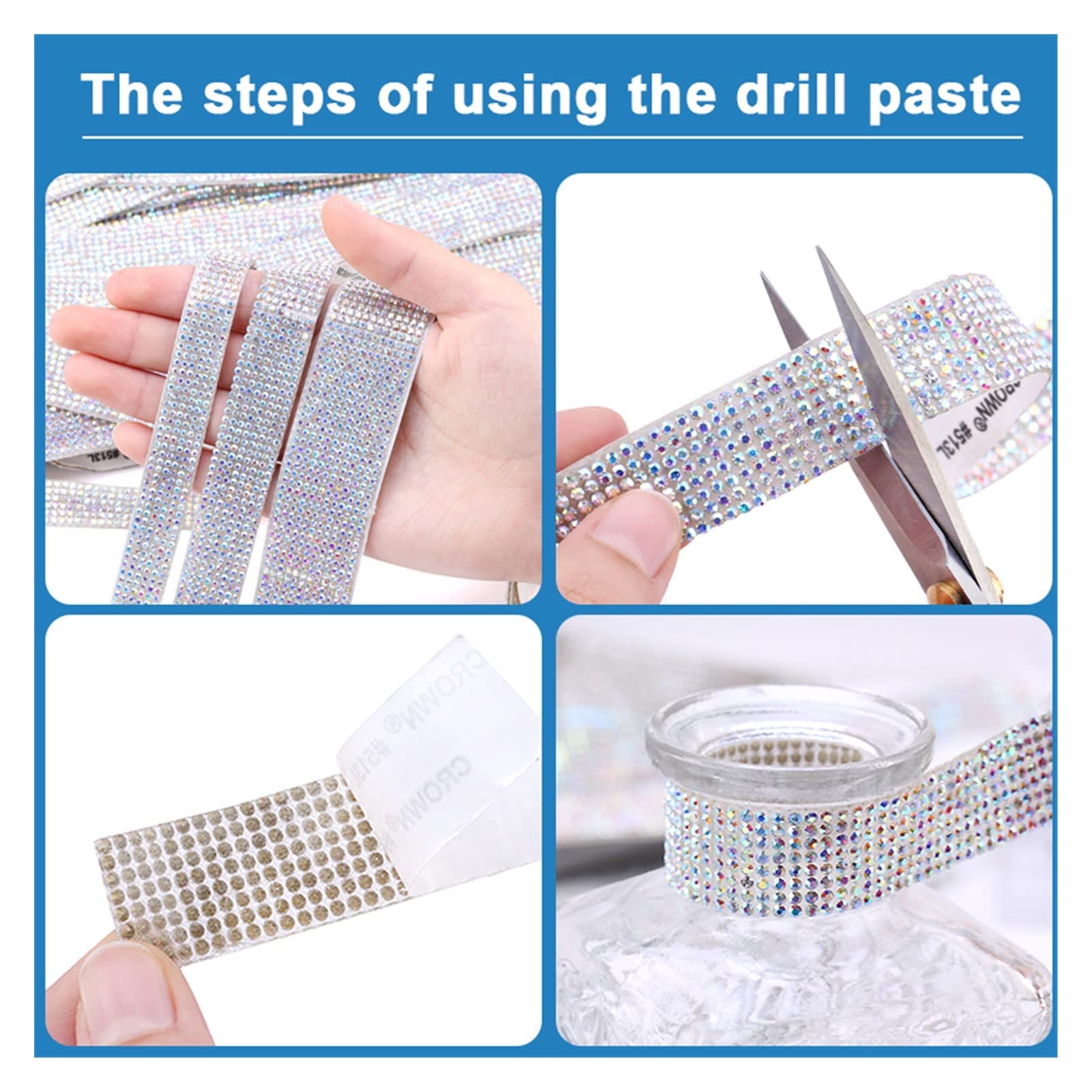 ACiyD Mehrzweck 1 Yards Selbstklebende Strass-Bordüre Glitter Kristallband Band Kette DIY Strassband-Bordüre für Autotelefon-Dekorationen für Geschenkverpackungen Basteln