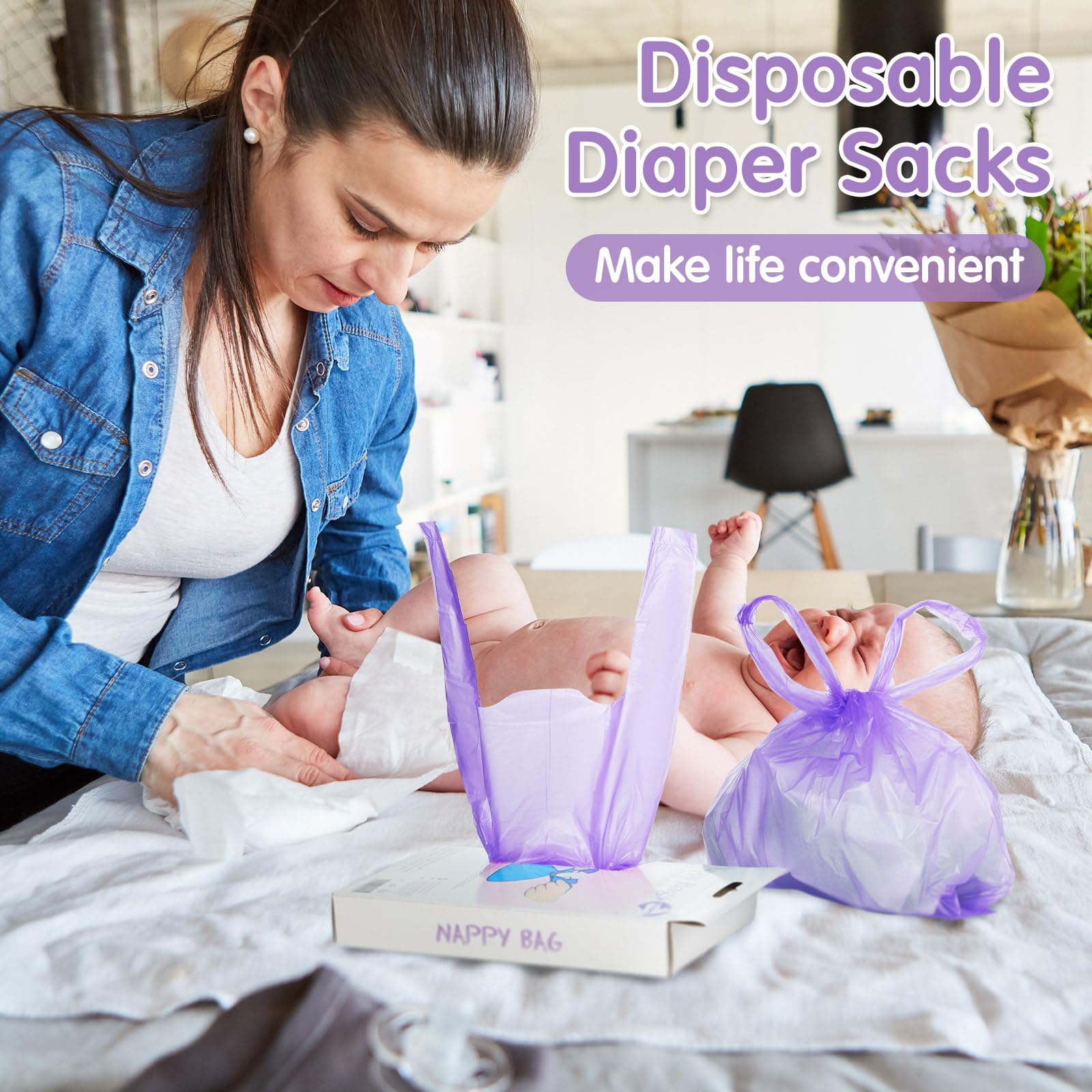 1600 bolsas de pañales desechables para bebé, bolsas de pañales perfumadas con asa de corbata, bolsas de basura para desechar, bolsas de basura para caca de bebé (morado)