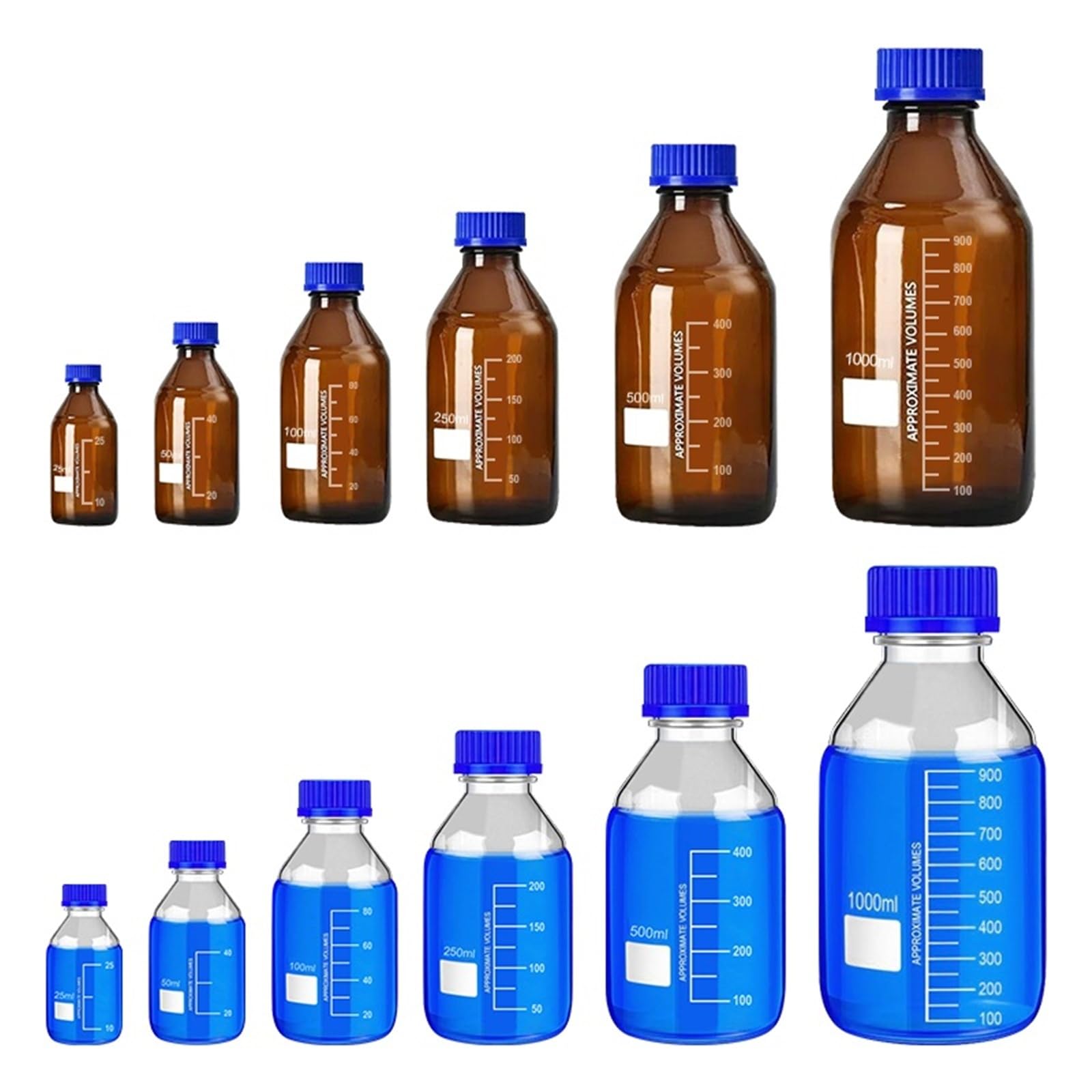Flaconi for reagenti rotondi graduati da laboratorio da 25-1000 ml, marroni/trasparenti, in vetro for la conservazione di terreni con tappi a vite blu GL45(25ml Brown bottle)