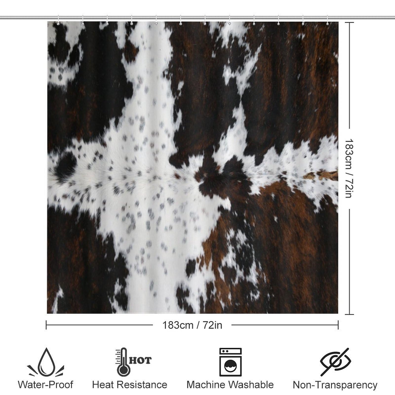 Rustic Cow Skin Print 4 Piece Shower Curtain Sets,Vintage Abstract Black & Brown Cow Fur Design Non-Slip Rugs,Toilet Lid Cover and Bath Mat,Durable and Waterproof,for Bathroom Decor Set