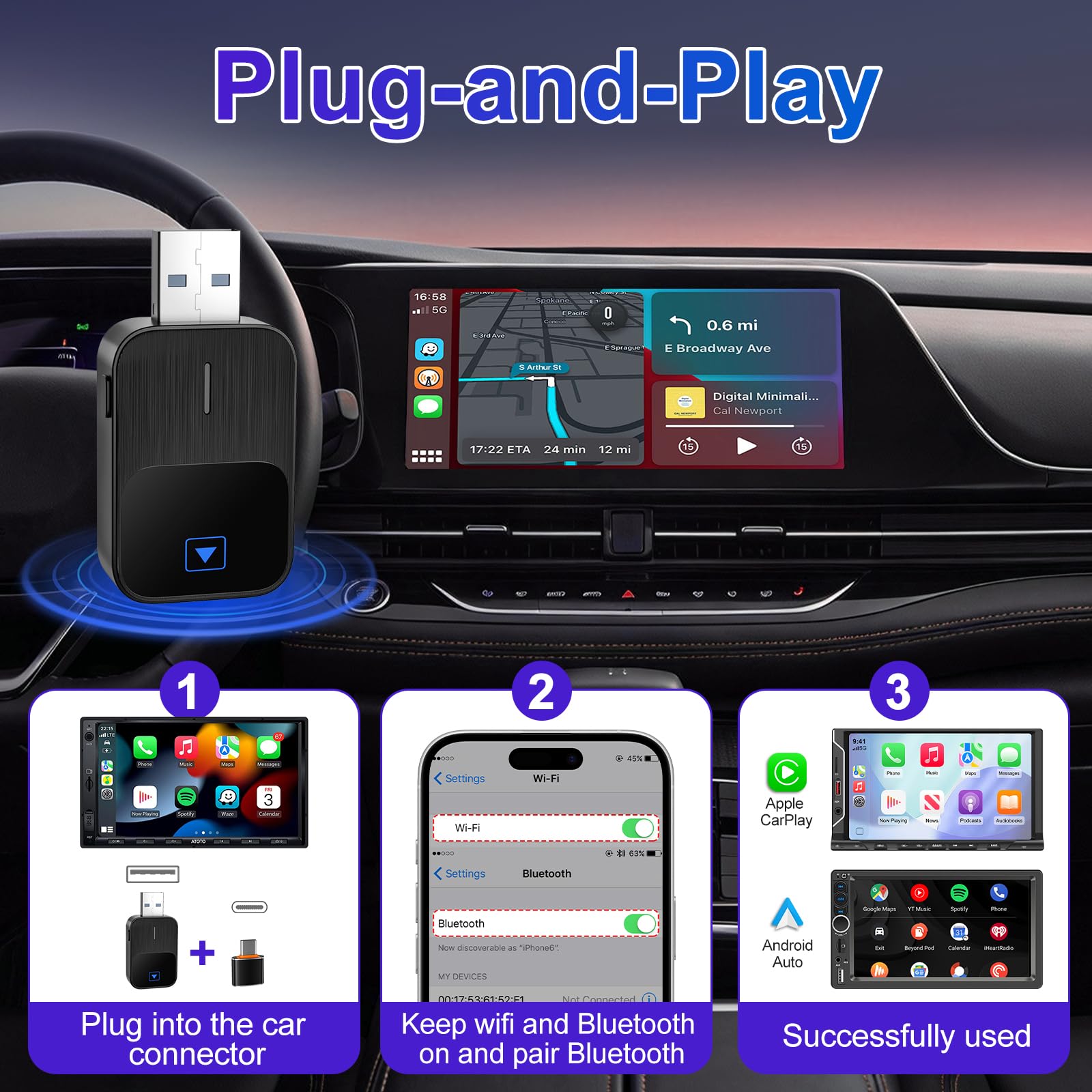 Mineup Adapter Wireless Android CarPlay, 2 in 1 Chiavetta per Convertire Cablato in Wireless, Supporta iOS 10+ e Android 11+