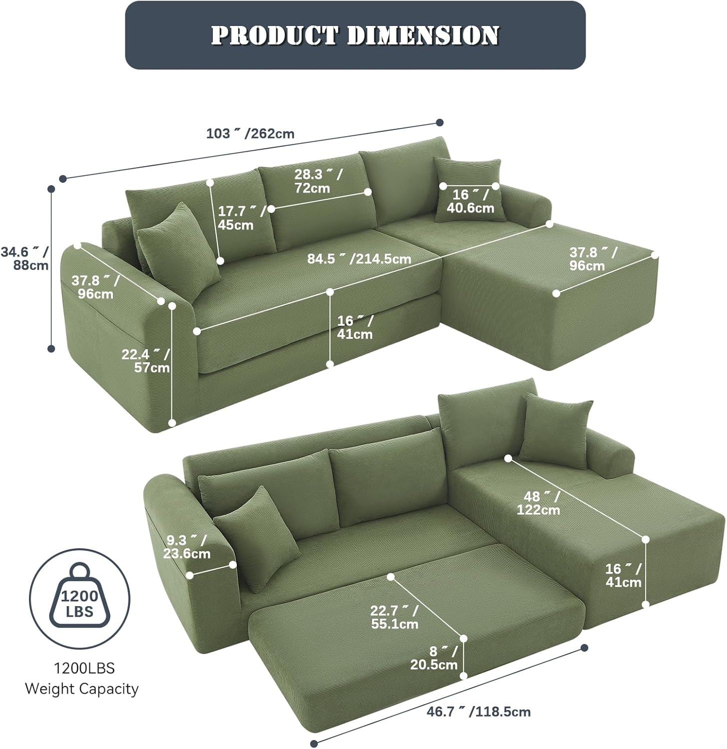 103 inch Cloud Sectional Couch, Modular Sectional Sofa with Deep Seat,Folding L-Shape Sofa Bed,Corduroy Boneless Couch Bed for Living Room,No Assembly Required,(Green,Right Facing Chaise)