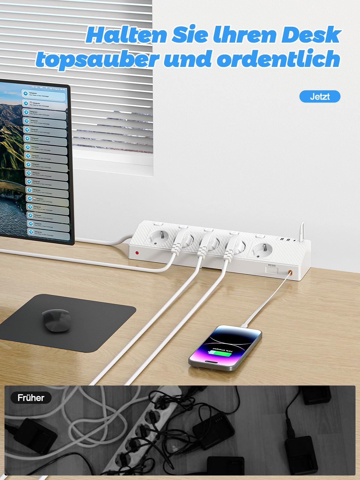 Ciabatta elettrica da tavolo con morsetto USB PD 30 W, 5 prese, multipresa da scrivania con protezione da sovratensione e commutabile singolarmente, presa angolare 10 in 1 con cavo da 3 m, bianco