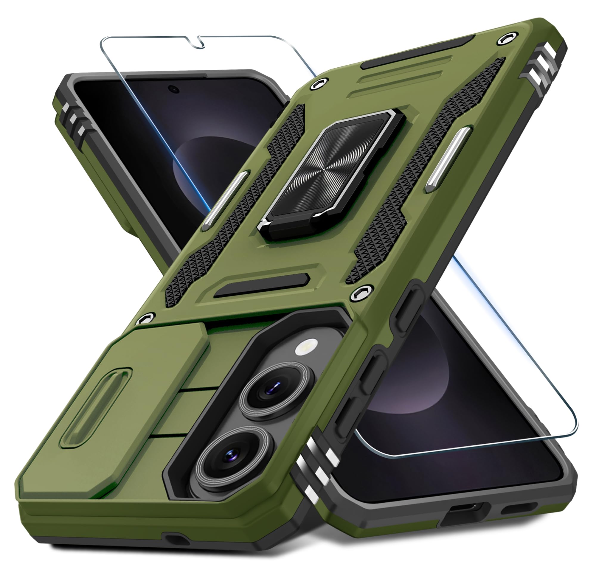 DEERLAMN Case for Samsung Galaxy S25 Edge with Slide Camera Cover+Screen Protector (1 Pack), Rotated Ring Kickstand Military Grade Shockproof