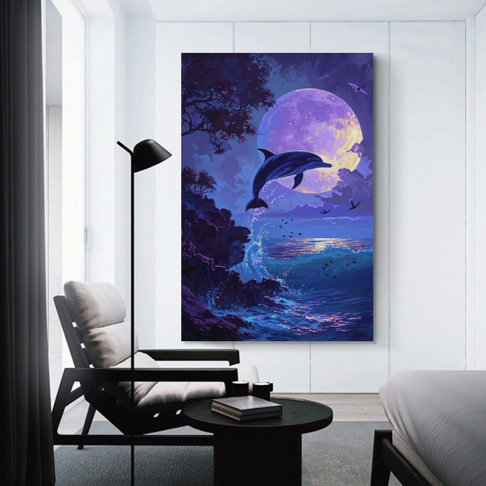 Amazon.co.jp: 絵画 夜の海から飛び出すイルカインテリア 絵画 美しい