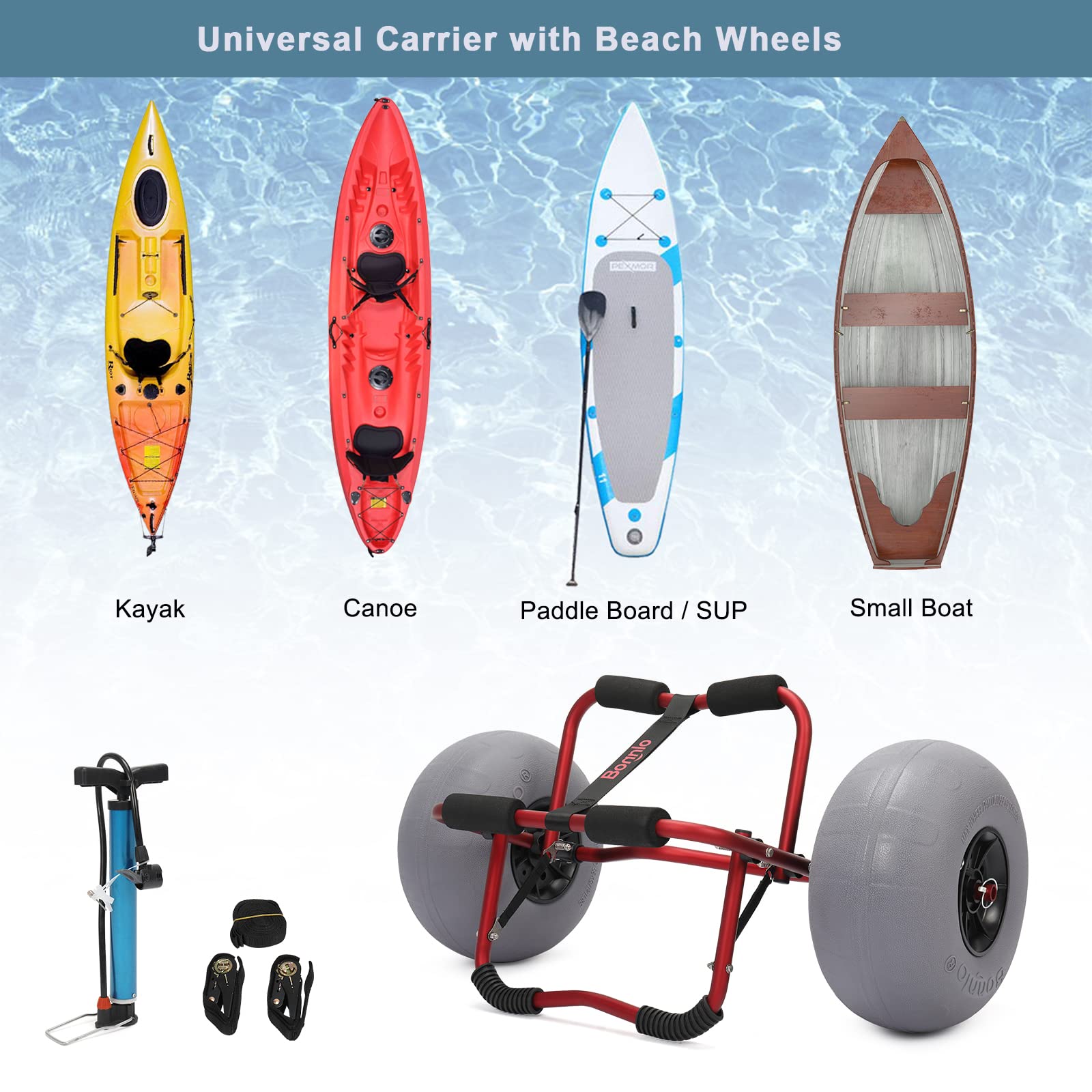 Bonnlo Kayak Beach Cart with Balloon Wheels Canoe Dolly Foldable Paddle