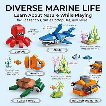 Ouepiano 625Pcs Building Block Fish Tank Set Lighting Fish Tank Building Toys,Marine Life Set with Octopus,Shark,Turtle STEM Gift for Adults,Desk Decor