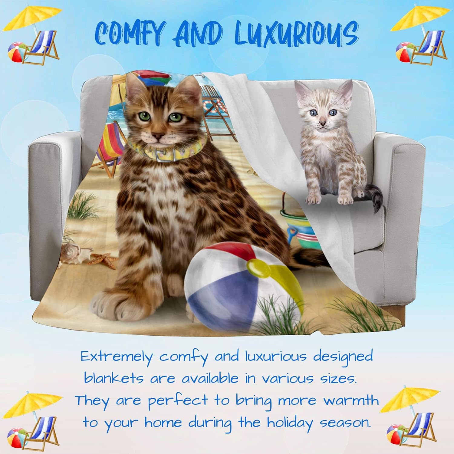 Pet Friendly Beach Bengal Cat Blanket - Lightweight Super Soft Cozy and Durable Bed Blanket - Animal Theme Fuzzy Blanket for Sofa Bed Couch BLNKT55511 (50x60 Woven)