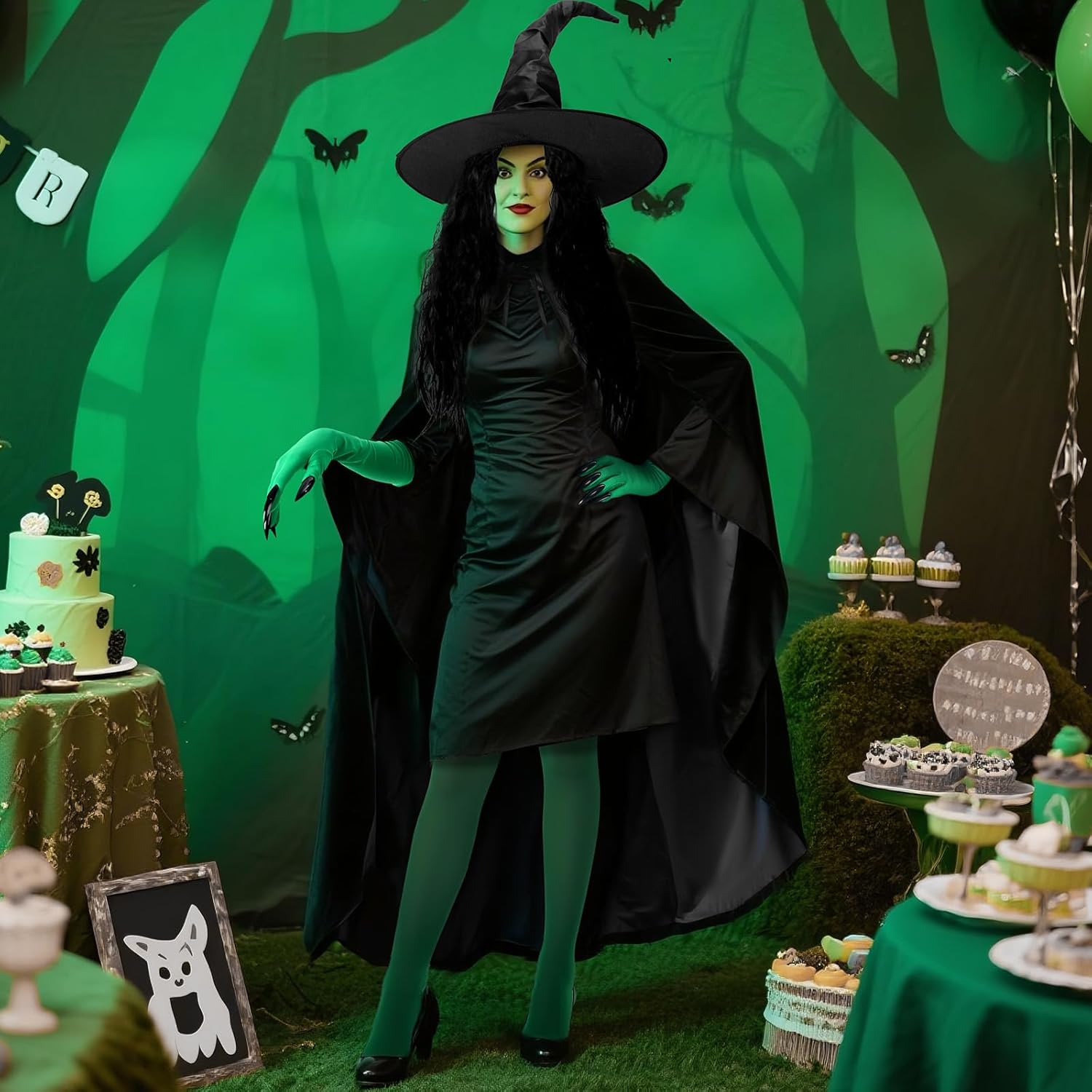 Berlune 7 Pcs Halloween Witch Costume Set for Women Black Witch Hat Cape Black Long Hair Green Gloves Velvet Stockings Rings Movie Halloween Outfit Party Cosplay