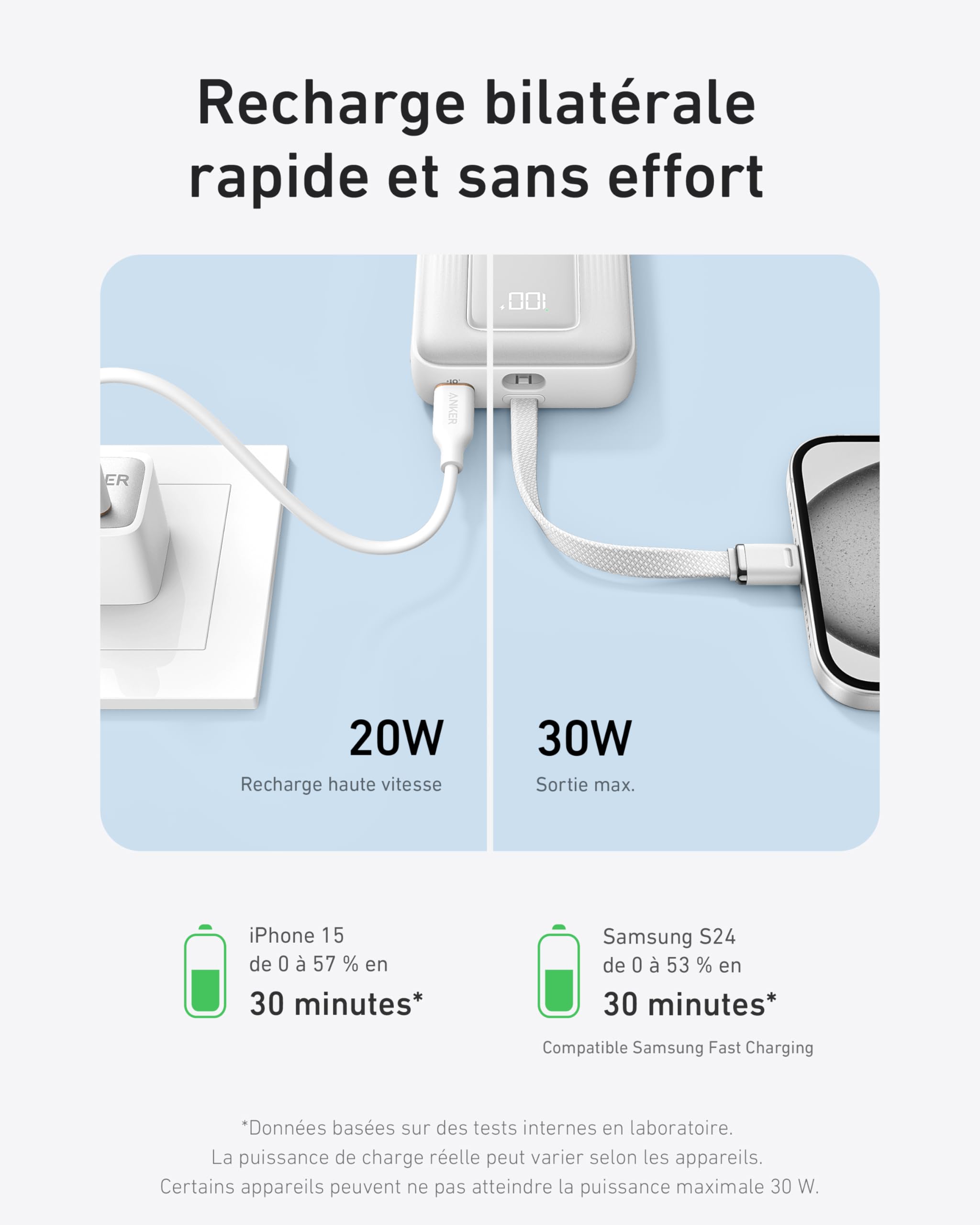 Anker Zolo Batterie Externe 10000mAh 30W, Power Bank Haute Vitesse Câble USB-C Intégré, 1 Port USB-C & A, pour iPhone 17/17 Pro/17 Pro Max/16, MacBook, Galaxy, et Autres
