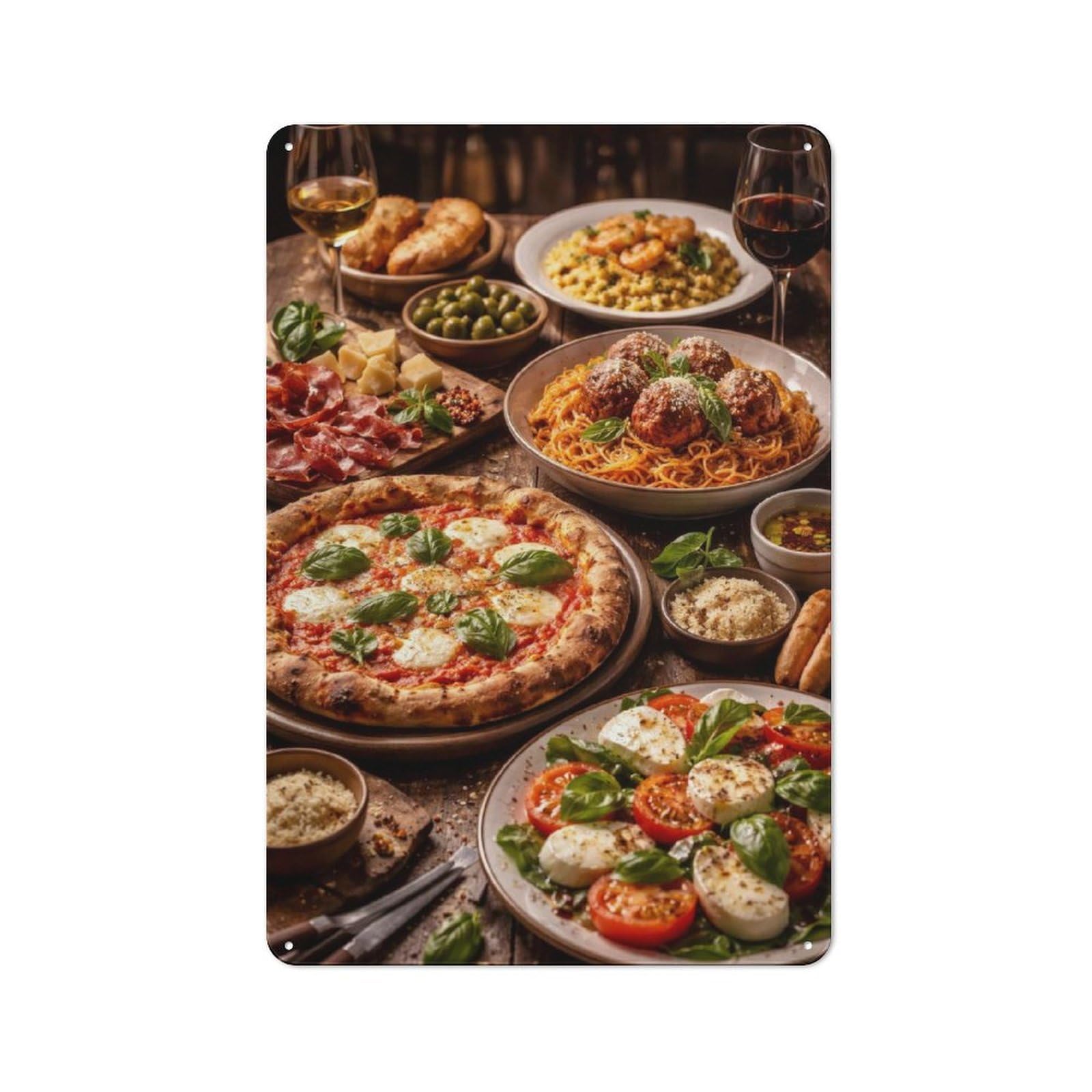Junmoney Style-16 Italian Feast With Pizza And Pasta Metal Wall Plaque 30X20cm, Vintage Nostalgic Wall Art For Bedroom, Office, Home Bar Or Dining Room