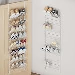 SWTYMIKI Over The Door Shoe Rack - Adjustable 4 Tier Hanging Shoe Organizer, Metal Heavy Duty Behind Shoe Storage or Wall Mount Shoes Shelf for Flats, Heels, Sneakers, Boots