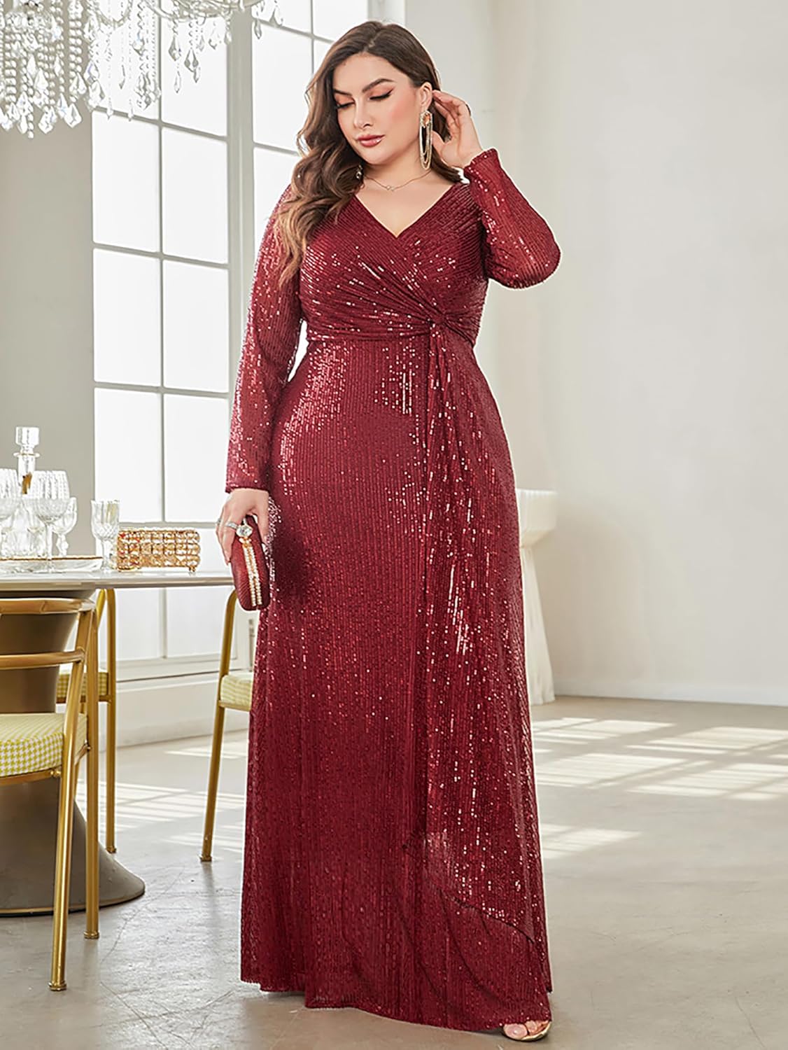 Plus Size Glitter Sequin Formal Evening Gown Long Sleeve V Neck Wedding Guest Dress for Women - Image 3