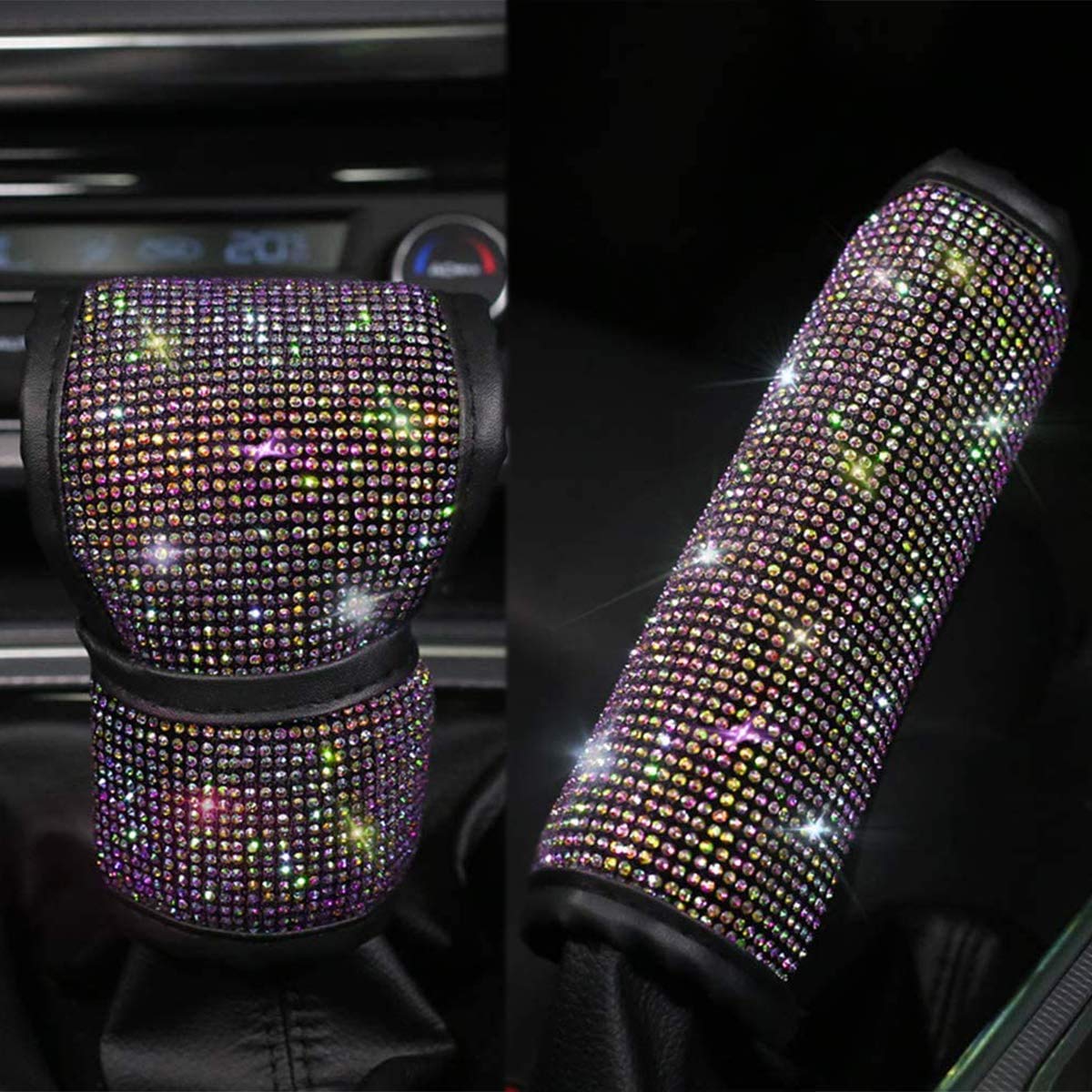 QINU 2 Pcs Bling Bling Crystal Rhinestones Car Shift Gear Cover & Handbrake Cover, Luster Crystal Diamond Car Decor Accessories for Women (Colorful - Shift Gear Cover & Handbrake Cover)
