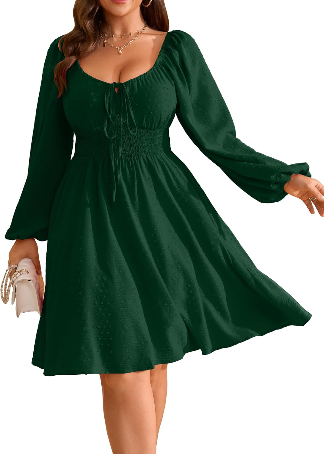 RWJ Women's 2025 Fall Wedding Guest Dresses Long Sleeve Smocked Square Neck Swiss Dot Party Plus Size Mini Dress