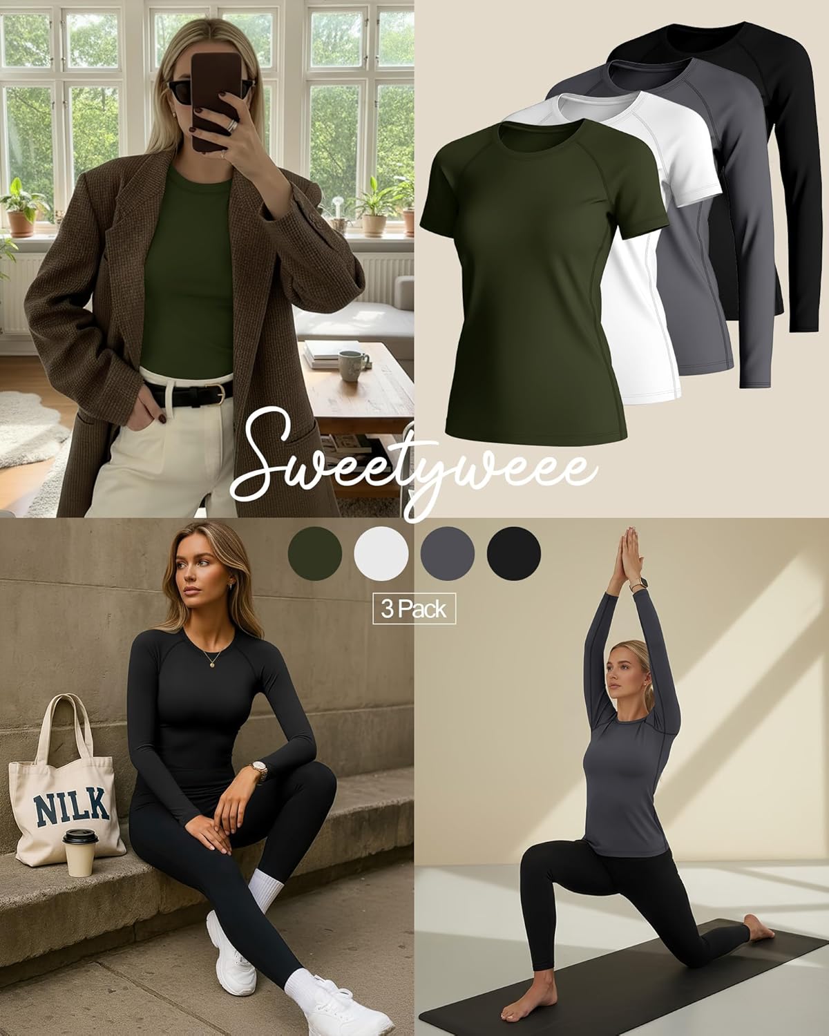 4 Pack Women's Compression Shirts Long/Short Sleeve Crew Neck Slim Fit Tops Basic Workout Yoga Gym Sports Gear - Image 2