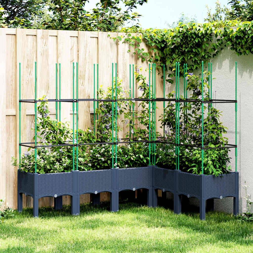 Jardinera elevada con enrejado, color gris azulado, 160 x 120 x 142,5 cm, polipropileno, diseño moderno, robusto y duradero, maceta elevada para jardín, balcón y terraza