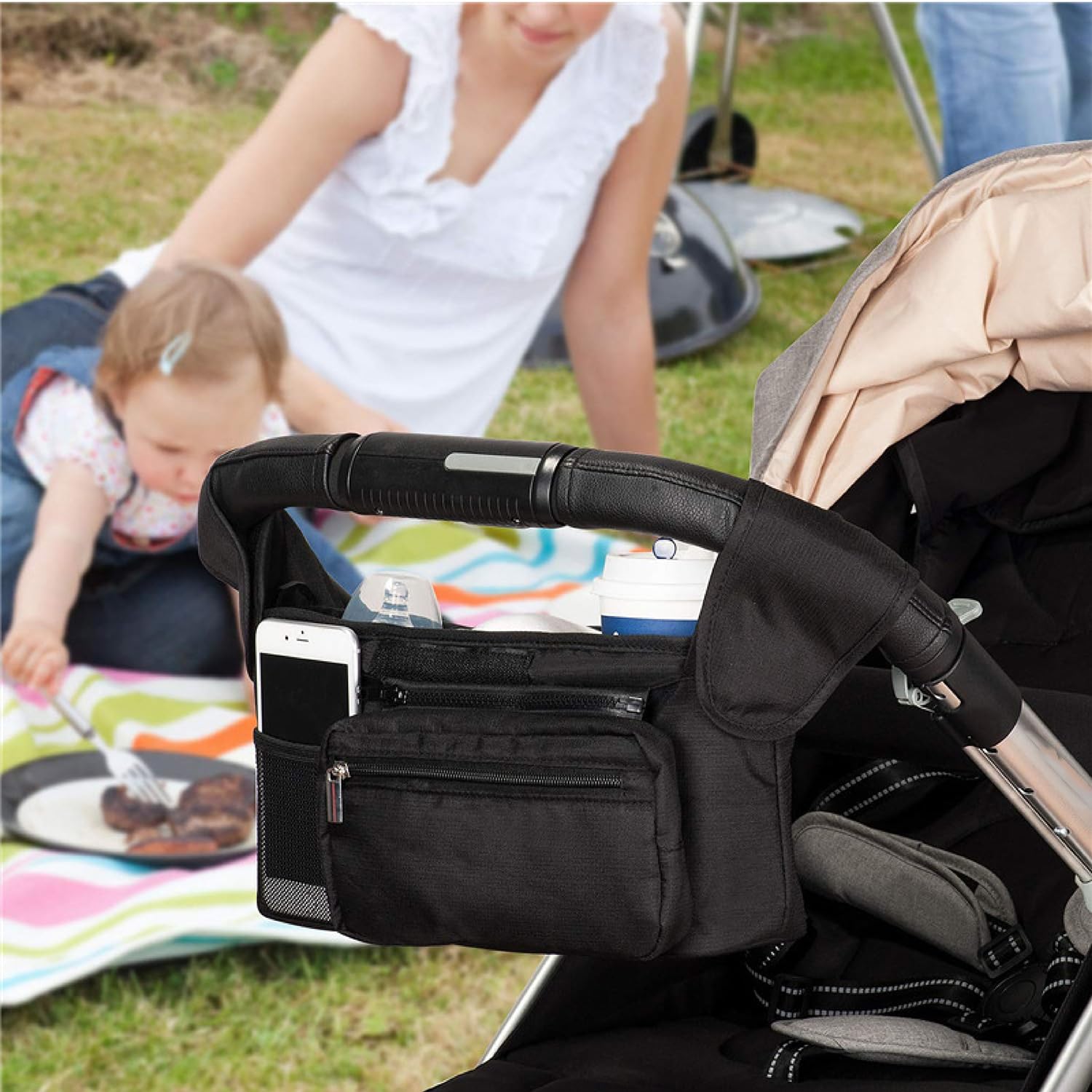 Organizador de cochecito universal con portavasos aislado, portavasos, bolsa para cochecito Accesorios para niños con bolsillo con cremallera, correa para todos