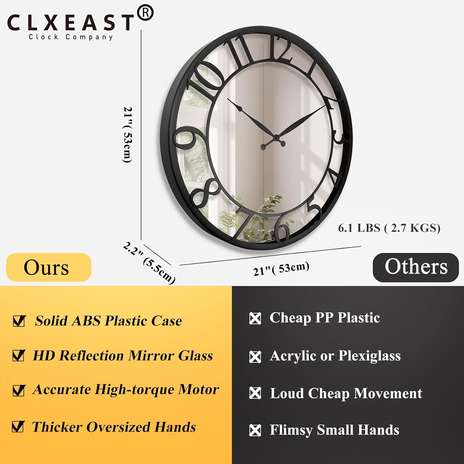 CLXEAST 21 Inch Mirrored Glass Wall Clock Decorative, Large Black Arabic Numeral Wall Clocks for Modern Farmhouse Living Room Decor,Reloj De Pared para Sala