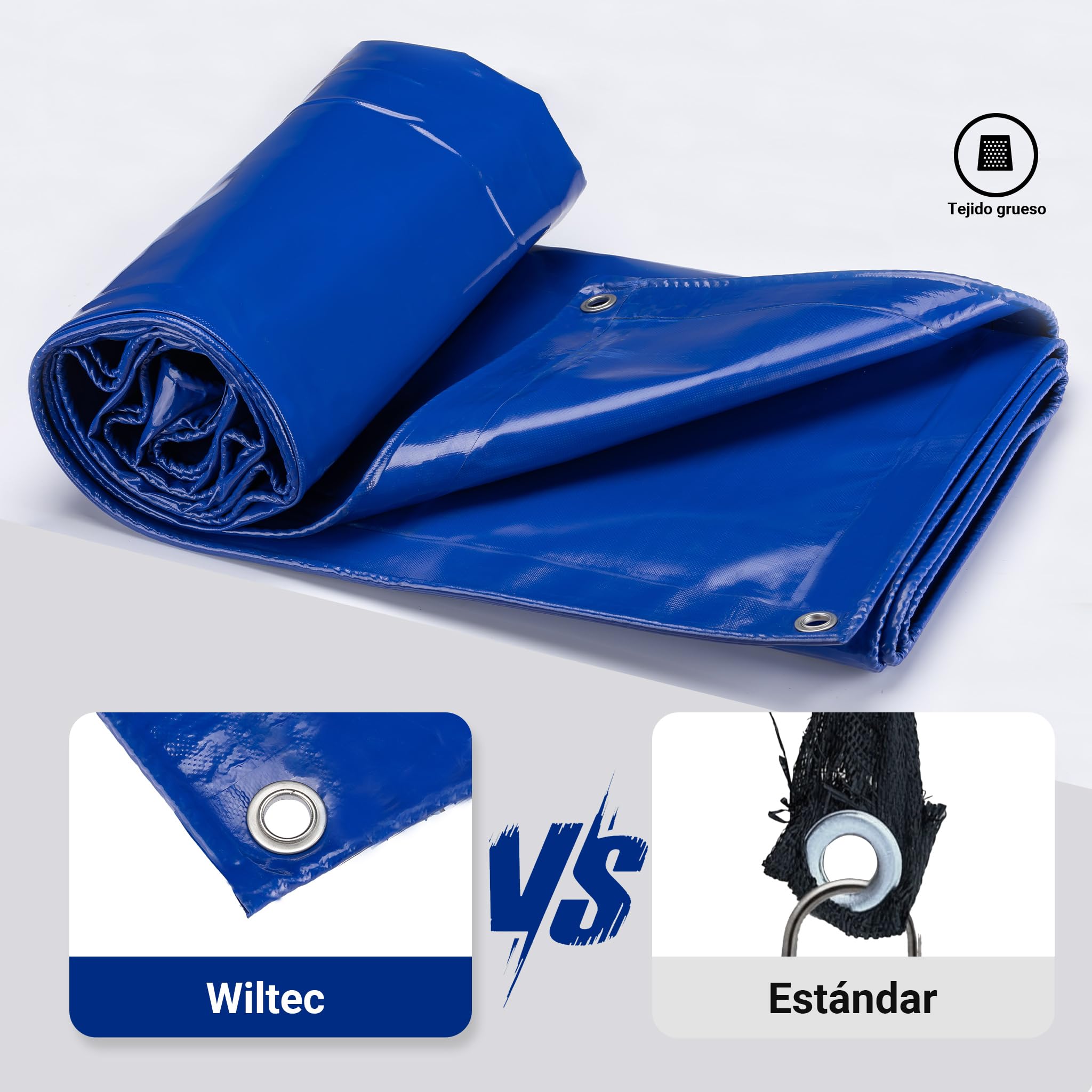 Wiltec Lona Impermeable Azul 4 x 7 m con Ojales de Acero Inoxidable, 650 g/m² Resistente a los Rayos UV, Moho y desgarro, poliéster con Revestimiento de PVC y Bordes Reforzados, Ideal para Exteriores