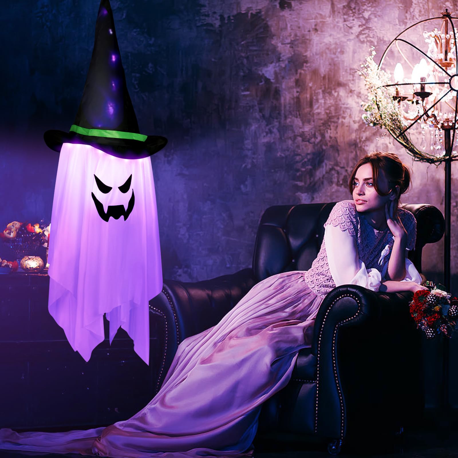 Halloween Deko, 105 cm Geist Dekoration zum Aufhängen mit 24 bunten LED-Lichtern, Windsack für drinnen und draußen, Garten, Party-Dekoration, Weiß, (DWS-001)