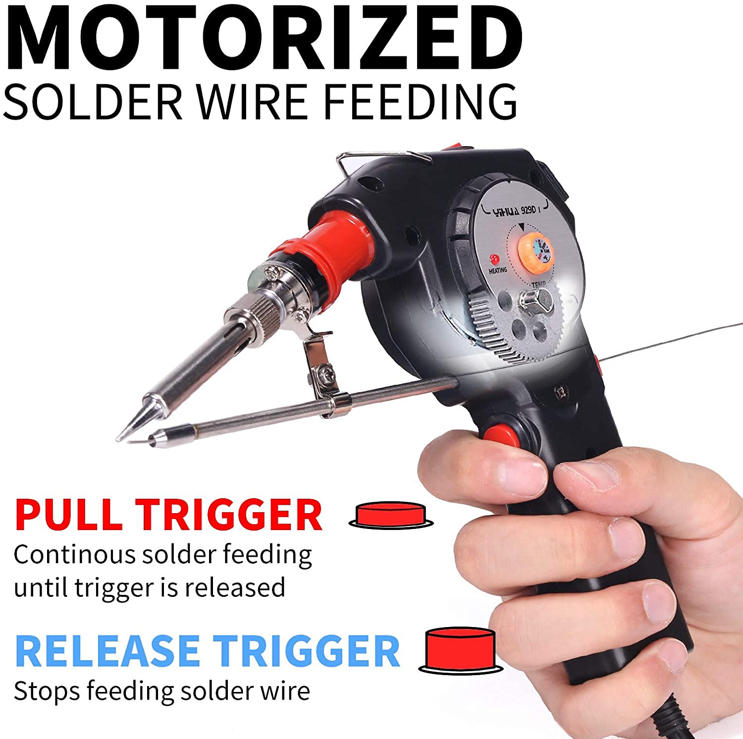 YIHUA 929D-I - Pistola de soldadura motorizada de alimentación automática con temperatura precisa variable (200.0-450.0 °C), interruptor de encendido y apagado, dial de ajuste de temperatura para