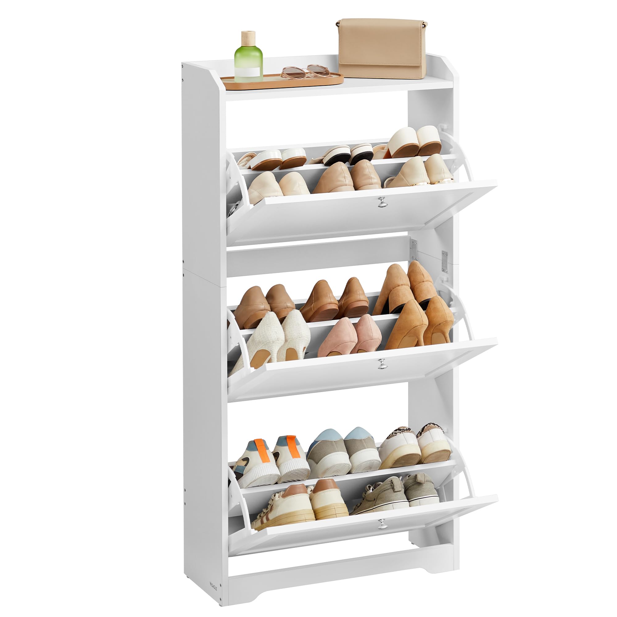 VASAGLE Schuhschrank 3 Klappen, Schuhkipper, Schuhregal, Schuhaufbewahrung, Oberplatte, Trennwand verstellbar, für bis zu 12-20 Paar Schuhe, Flur, 24 x 60 x 121,2 cm, wolkenweiß LBC036WB01