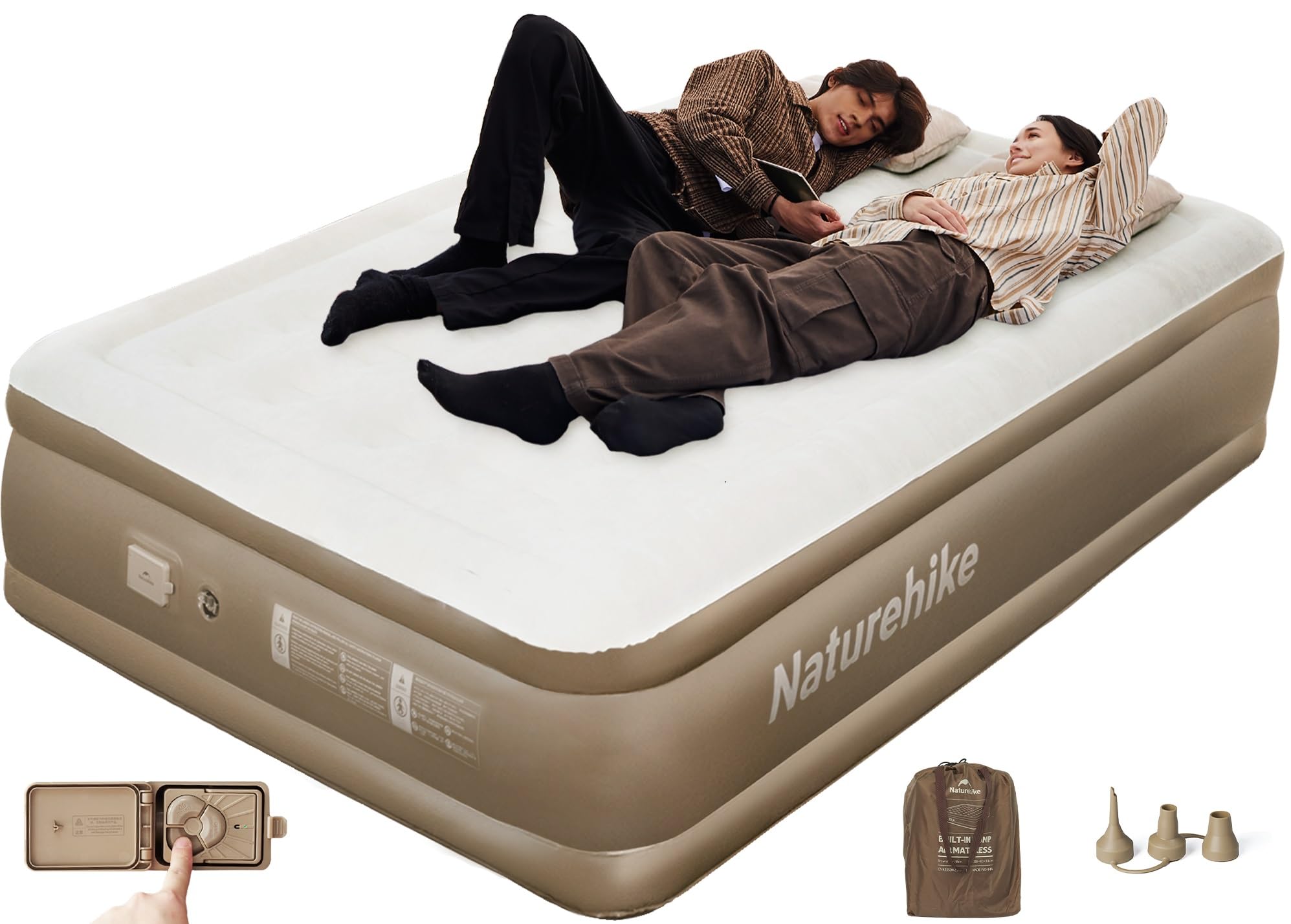 Naturehike Colchón Hinchable Matrimonio con Bomba Integrada Recargable - 198x152x45cm Cama Hinchable Autogonflable para Camping y Casa - Colchón Camping Portátil y Resistente