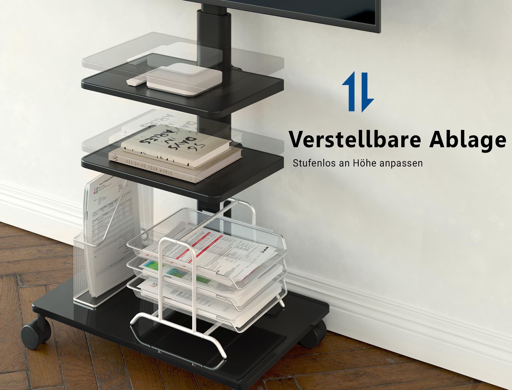 FITUEYES TV Ständer Rollbar TV Rollwagen 3 Ablagen Standfuß 