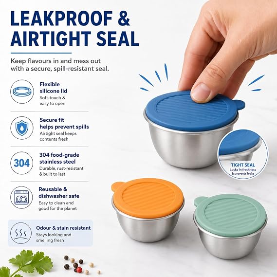 6 Pack Salad Dressing Pots, 80ml Stainless Steel Snack Containers with Lids