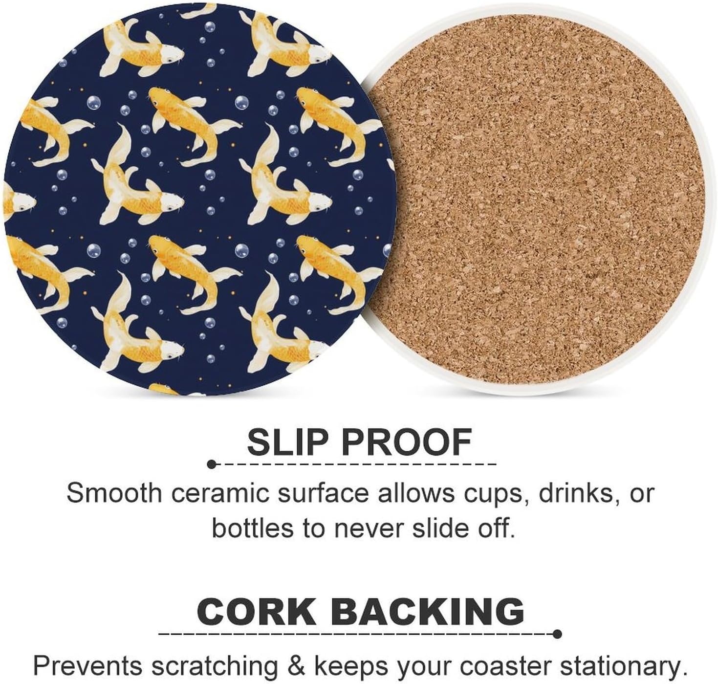 Yellow Japanese Fish Round Ceramic Coasters for Drinks Absorbent Cup Holder Tabletop Protector with Cork Base