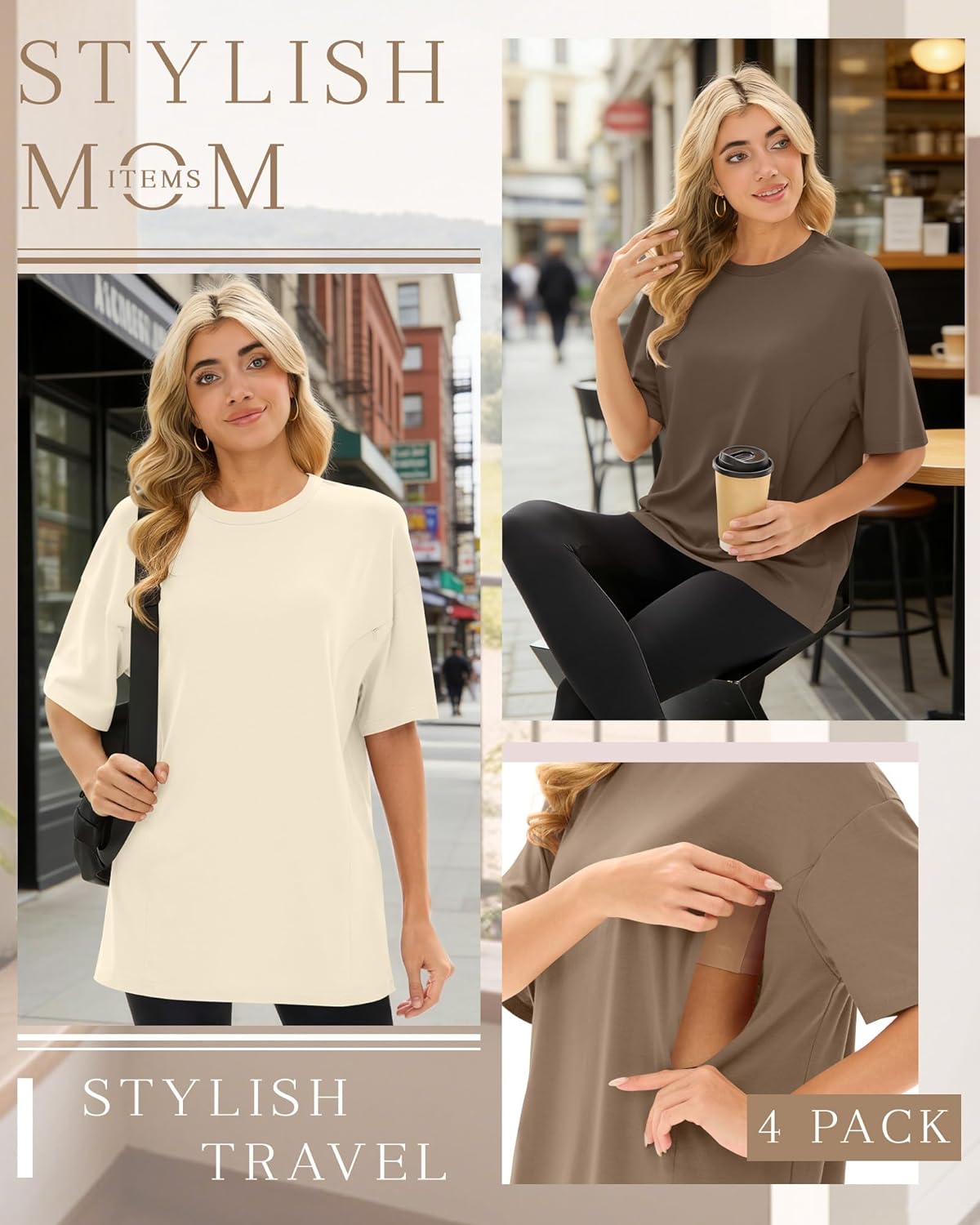 4 Pack Women's Oversized Nursing Breastfeeding Shirts with Hidden Zipper Maternity Short Sleeve Nursing Tees Tops