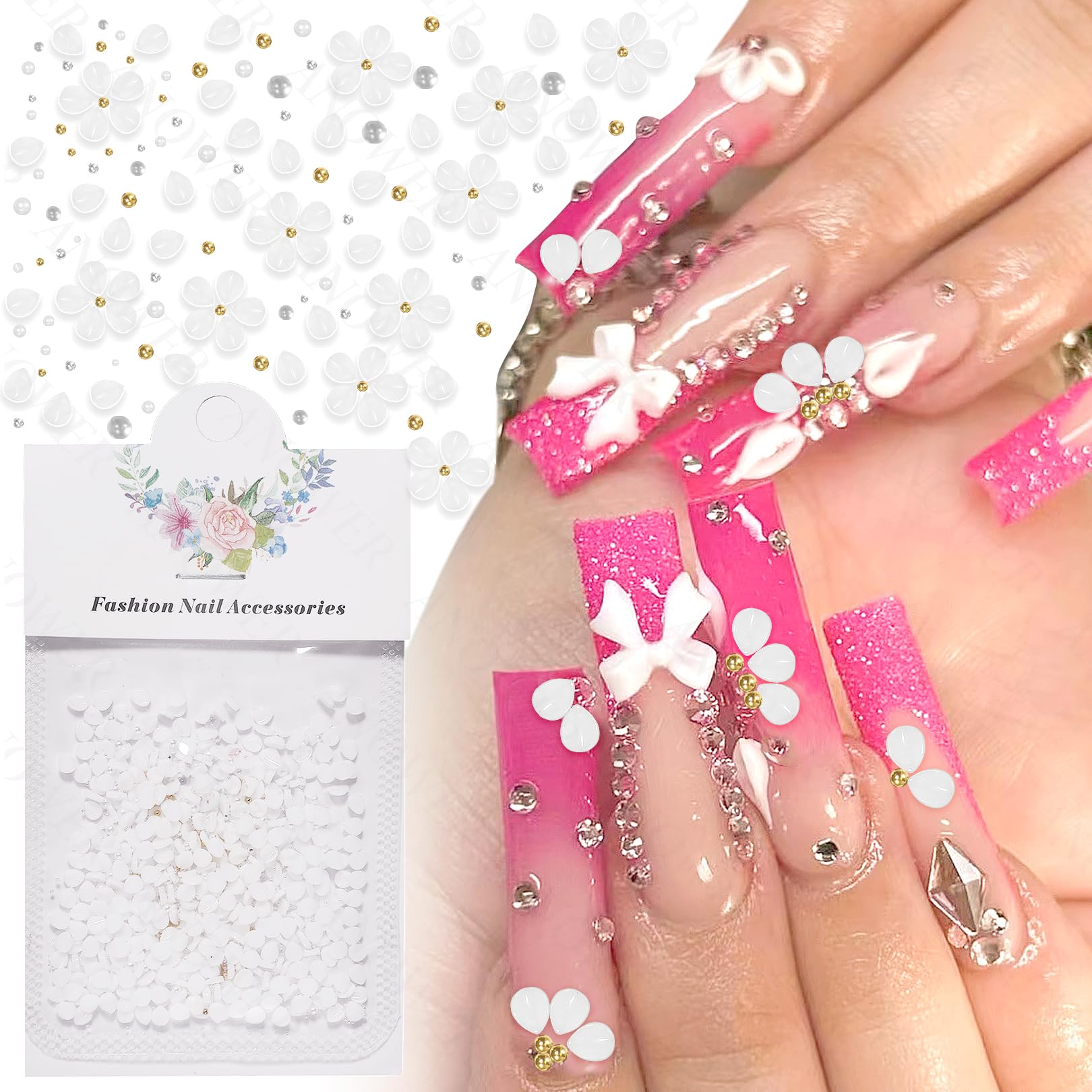 800 fiori bianchi 3D per unghie, fiori acrilici 3D per unghie, perline per unghie, gemme per unghie e strass floreali, strass, petali, cristalli acrilici, ciondoli per unghie