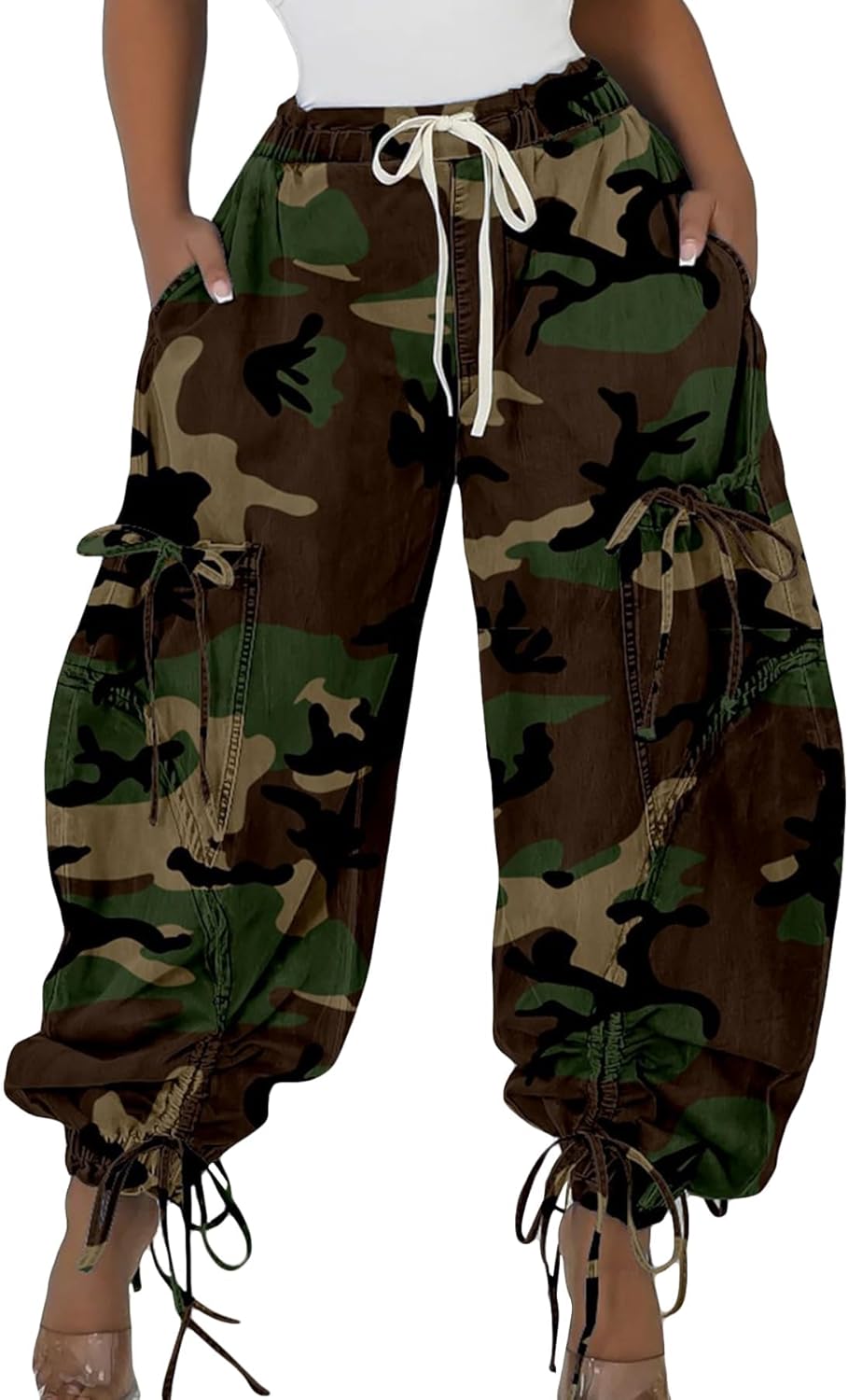 Kwunbwa Women's Baggy Cargo Jogger Jeans Barrel High Waisted Wide Leg Drawstring Y2K Loose Harem Denim Pants with Pockets