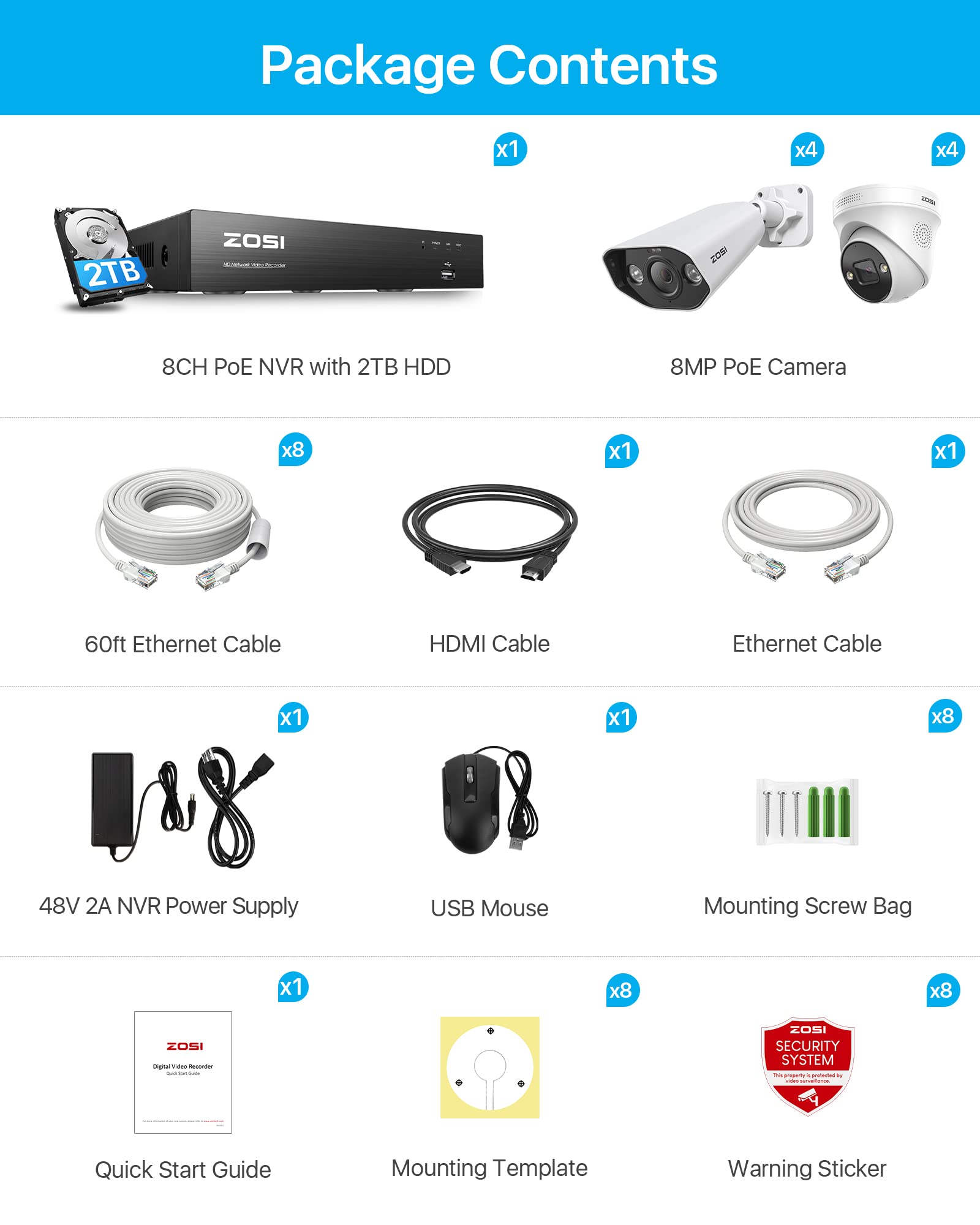 ZOSI 4K Kit de Cámara de Seguridad PoE 8CH 8MP H.265+ Grabador NVR con 8pcs Cámaras de Vigilancia Exterior, Visión Nocturna en Color, Alarma de Luz y Sirena, Audio, 2TB HDD Incluido