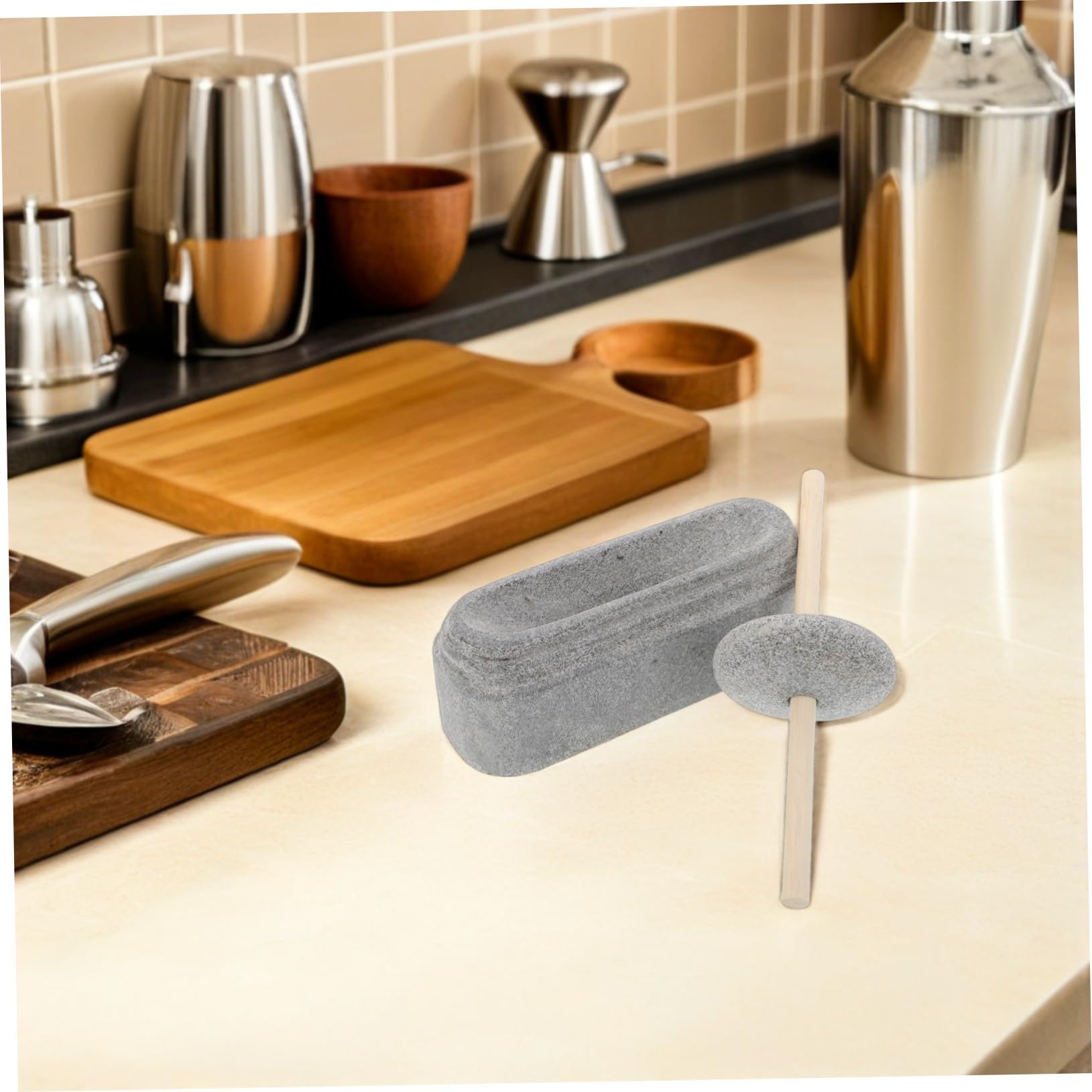 Cabilock Handgefertigter Küchenstößel aus Naturstein mit Stabiler Steinmühle und Holzgriff zum Manuellen Zerkleinern von Gewürzen und Samen in Küche