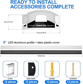LED Profile Diffuser for Led Strip Light Trunking 6Pack 3.3FT/1M Black U-Shape Aluminum Channel with Milky White Cover, End Caps and Mounting Clips Easy Installation