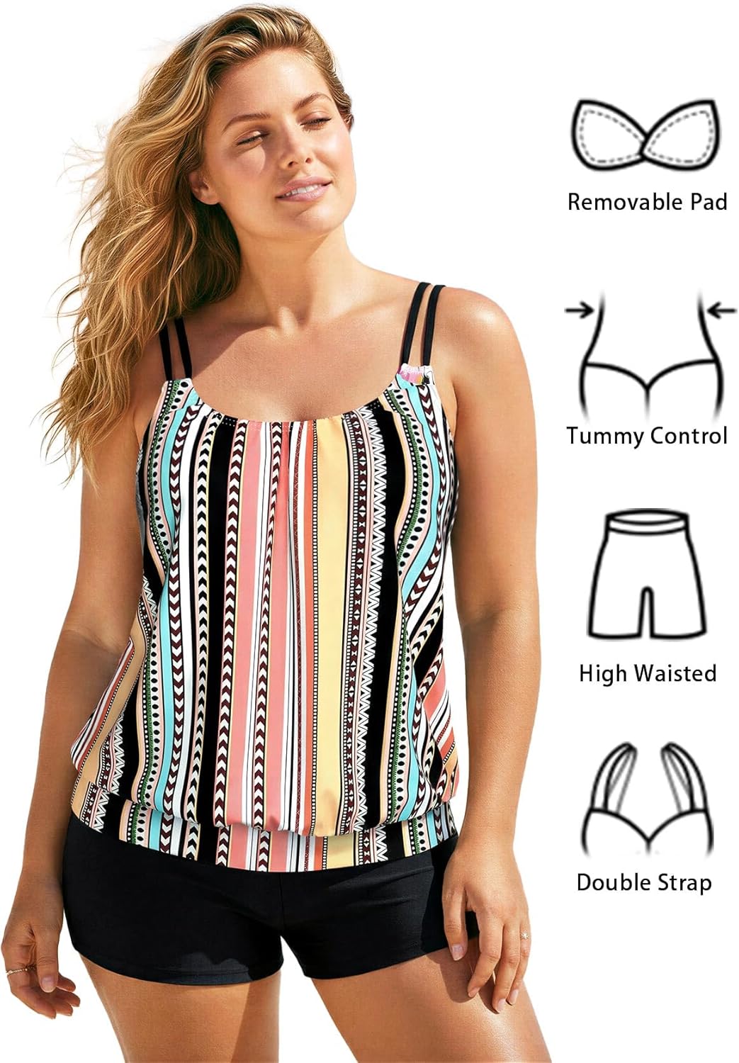 Modlily Tummy Control Tankini Swimsuits for Women, Lightweight Two Piece Bathing Suits, Blouson Top with Boyshorts - Image 6