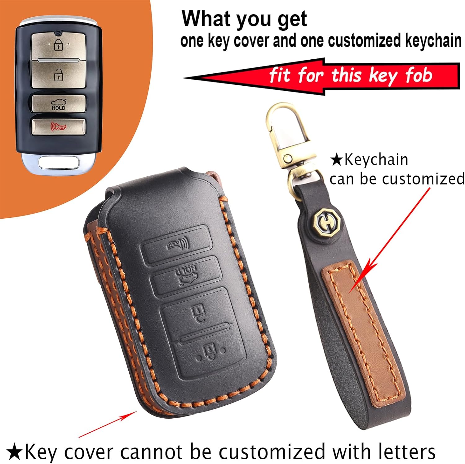 ontto 4-button Key Fob Case Handmade Leather Key Cover Fit for Kia Cadenza 2014-2019 Car Key Holder for Kia K7 K9 2015-2018,with Customized Keychain Engraving Letters Numbers Tag
