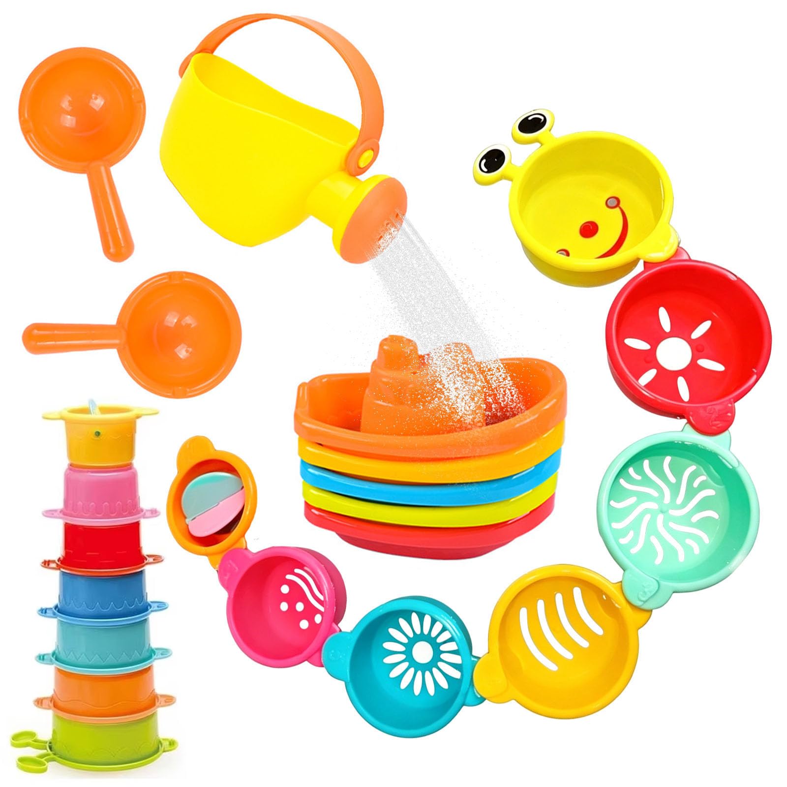 15Pcs Baby Bath Toys Set, Stacking Cups, Watering Can, Scoops & Floating Boats for Water Play, Toddler Pool Toys, Shower & Beach Fun