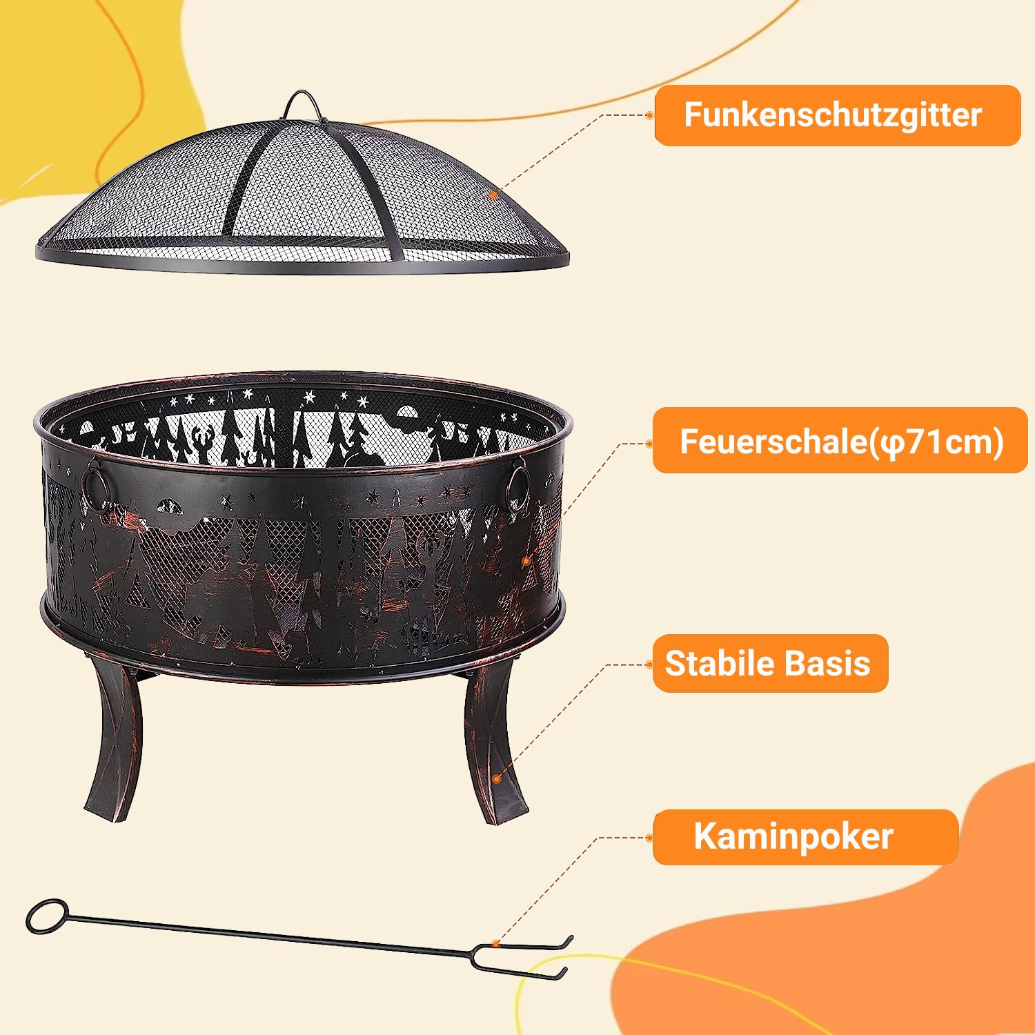 TLGREEN Feuerschalen, Feuerschale mit Funkenschutz, Feuerschale Garten Ø71x65cm, inkl. Poker & Kohlerost & 4 PCS Füße, Feuerkorb Retro-Look, Feuerstelle für Garten Camping Strand-Exquisites Elchmuster