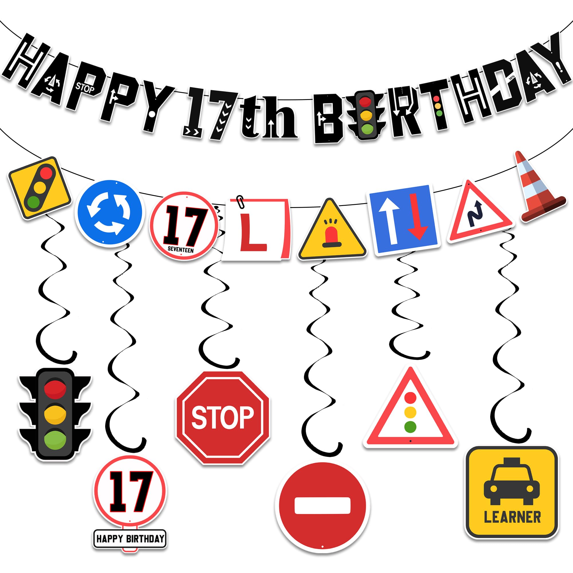 Learner Driver 17th Birthday Decoration - 31 Pcs Learner Driver Banner Garland Hanging Swirls Age 17 Decor, Dvla Driving Traffic Signal Road Signs Supplies for 17 Years Old Birthday Party
