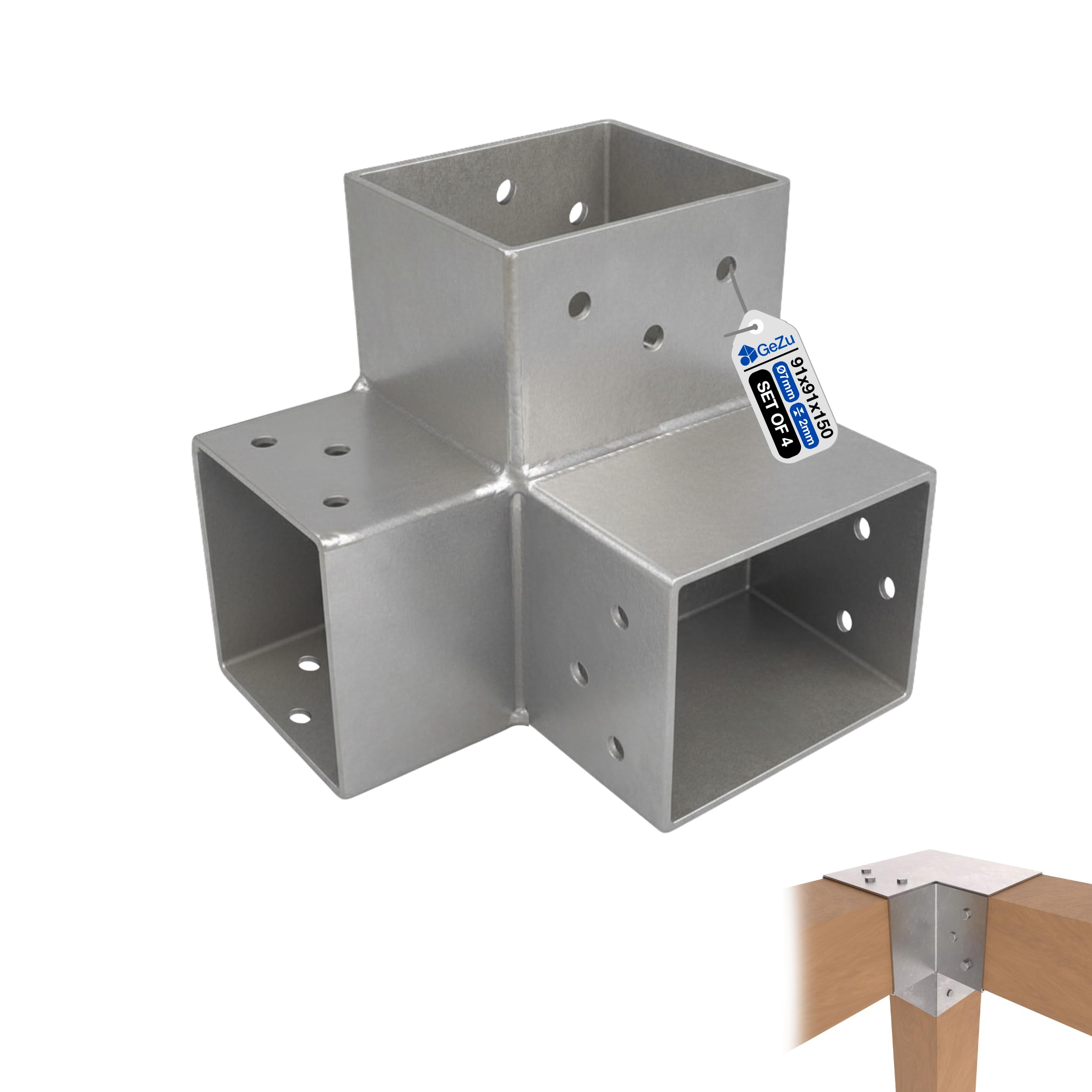 GeZu Impex Post Connector Y 91 x 91 mm Hot Dip Galvanised Set of 4 Pergola 3 Way Right Angle Corner Connector Pavilion DIY Woodworks Bracket