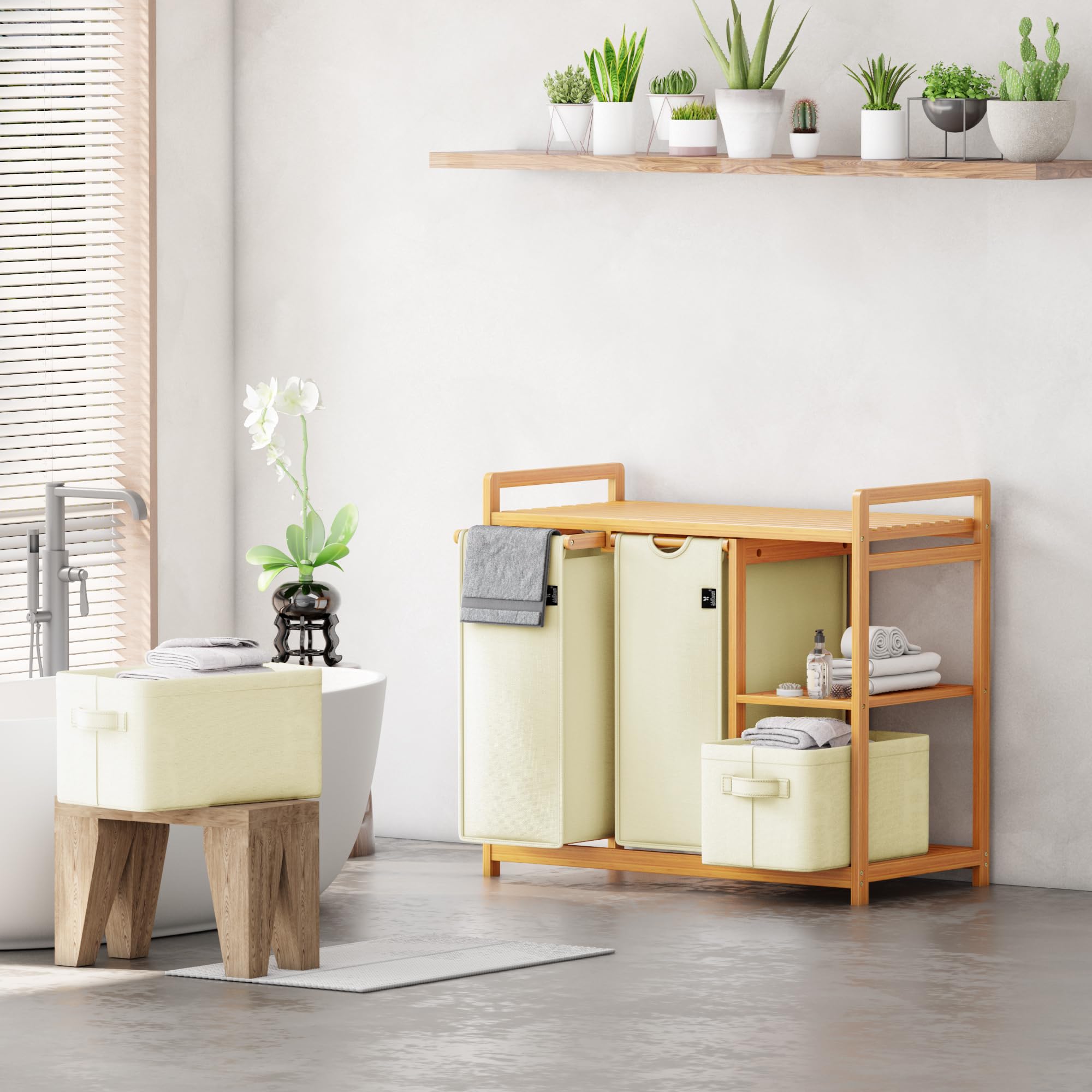 AdelDream B0FCXLP1 - Cesto portabiancheria a 4 scomparti, 140 l, con cestino, con 2 sacchetti per la biancheria e 2 scatole di stoffa con ripiano, in bambù, per la biancheria, colore: Beige